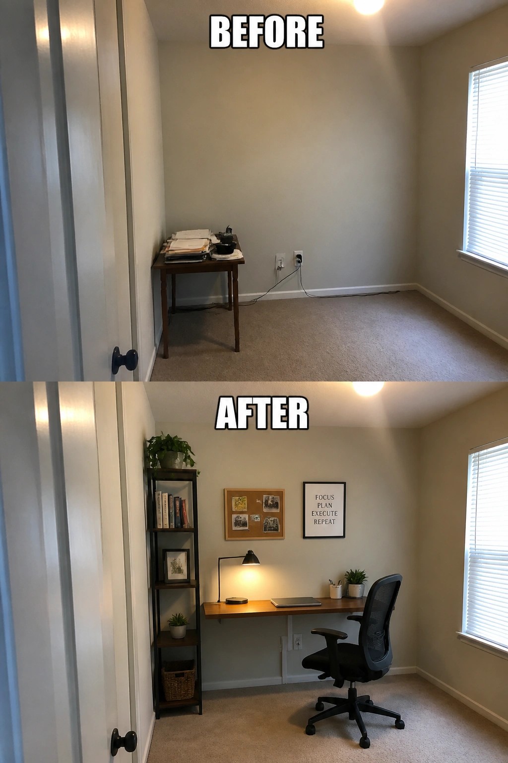 Before-and-after image of a small empty room converted into a functional home office with a narrow wall desk, shelving, chair, lamp, and wall decor.