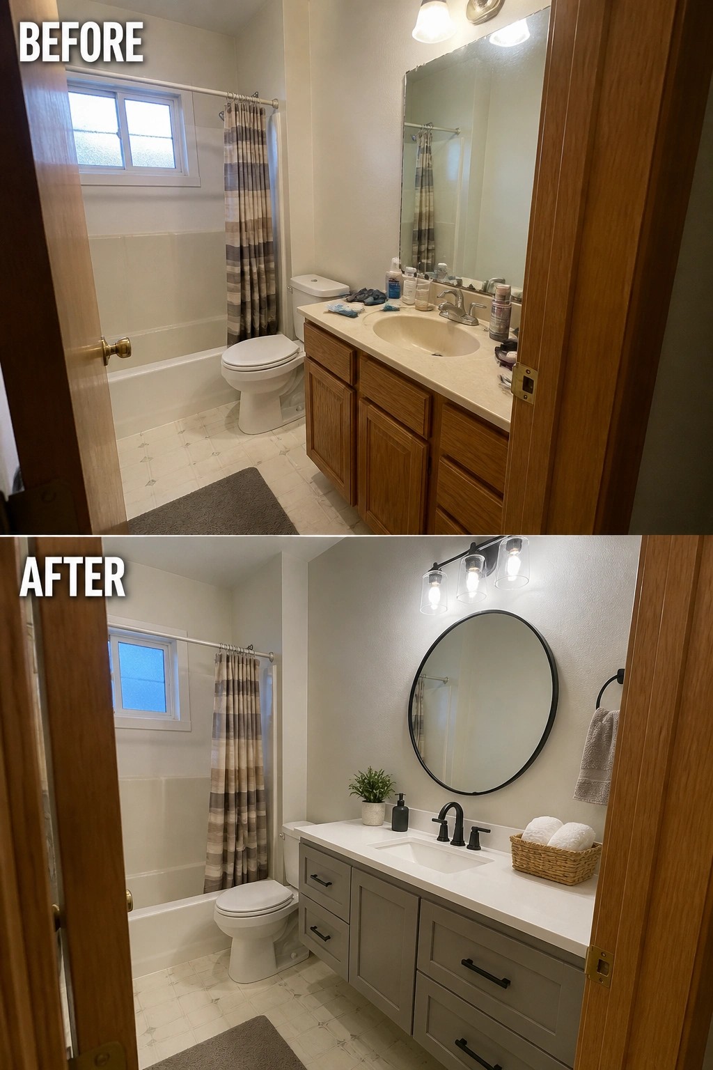 Before-and-after image of a small bathroom updated by replacing an old oak vanity and countertop with a modern gray floating vanity, new sink, round mirror, and black fixtures.