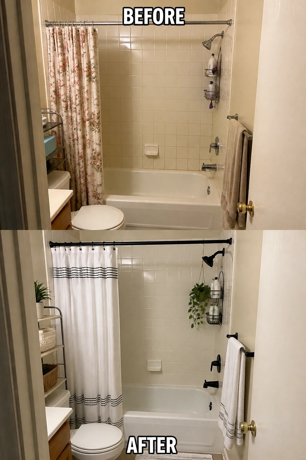 Before-and-after image of a small bathroom updated by replacing dated chrome fixtures with matte black hardware and changing a floral shower curtain to a simple white striped curtain.