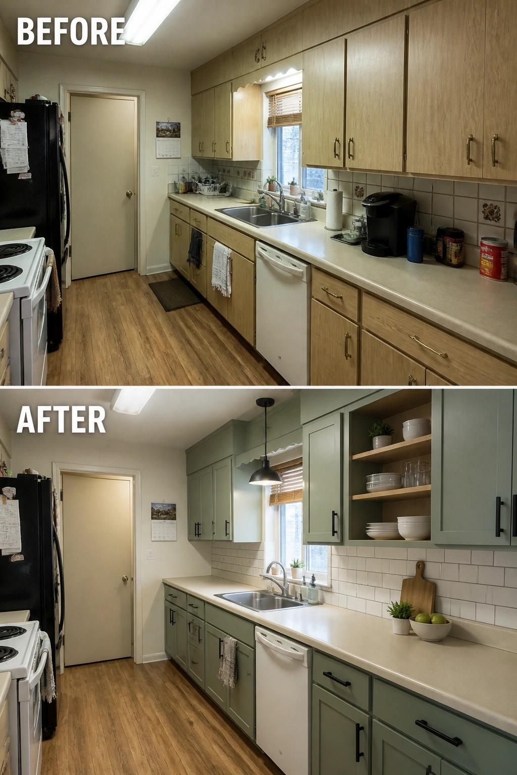 Before-and-after image of a galley kitchen where dated wood cabinets were painted a muted green and the cabinet hardware was replaced.