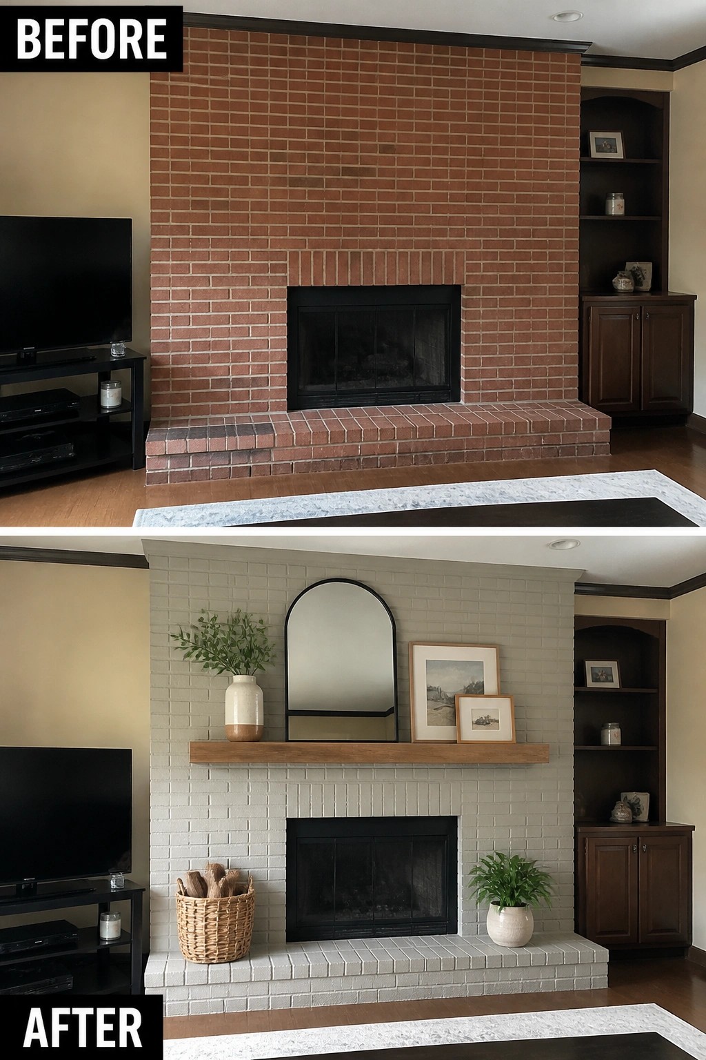 Before-and-after image of a living room fireplace wall where red brick was painted light gray and a wooden mantel and simple decor were added.