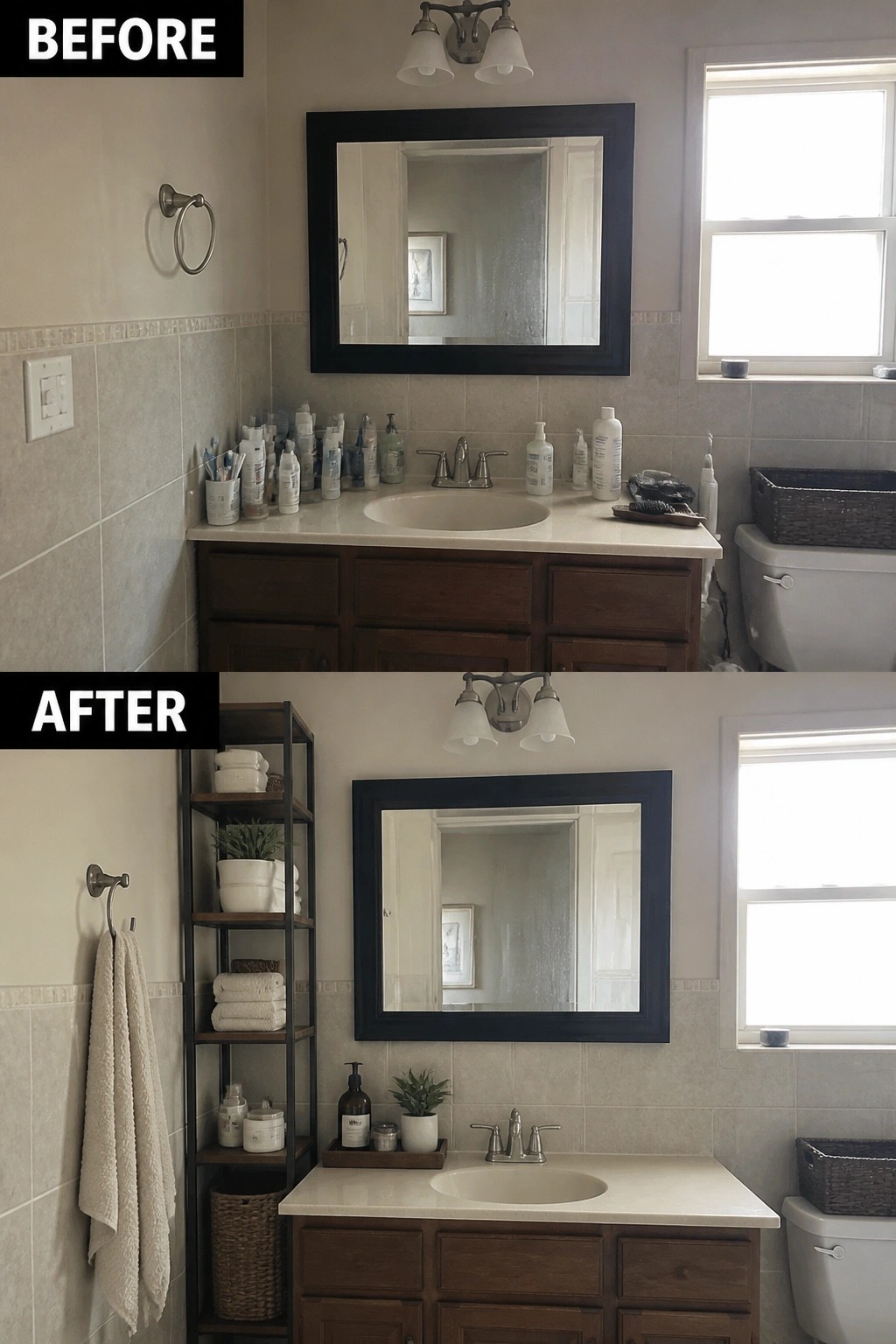 Before-and-after image of a small bathroom where a cluttered vanity counter is cleared by adding a tall open shelving unit with baskets and neatly arranged toiletries.