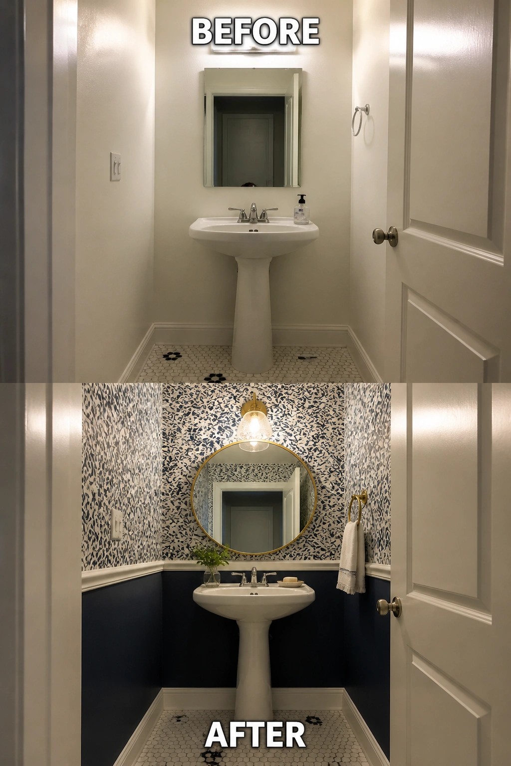 Before-and-after image of a small plain powder room updated with patterned wallpaper above a dark painted lower wall, a round mirror, and brass light and hardware.