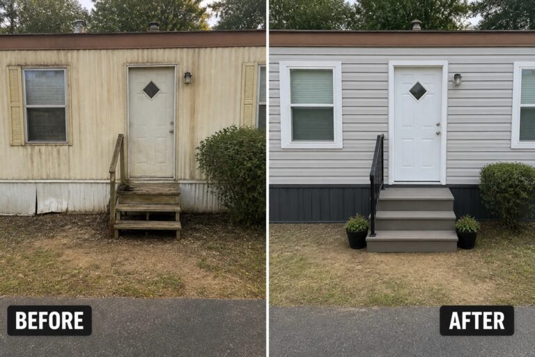 Before-and-after image of a single-wide trailer showing faded siding and makeshift wooden steps replaced by clean new siding, composite steps, black skirting, and a metal handrail.