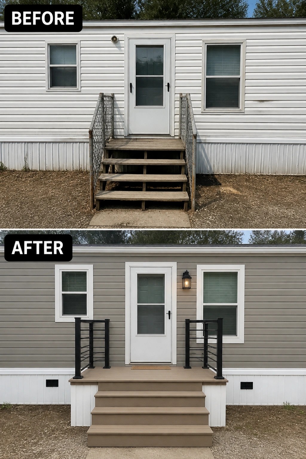 Before-and-after image of a single-wide trailer where a worn wooden stair entry was replaced with a wider composite staircase and modern black metal railings.