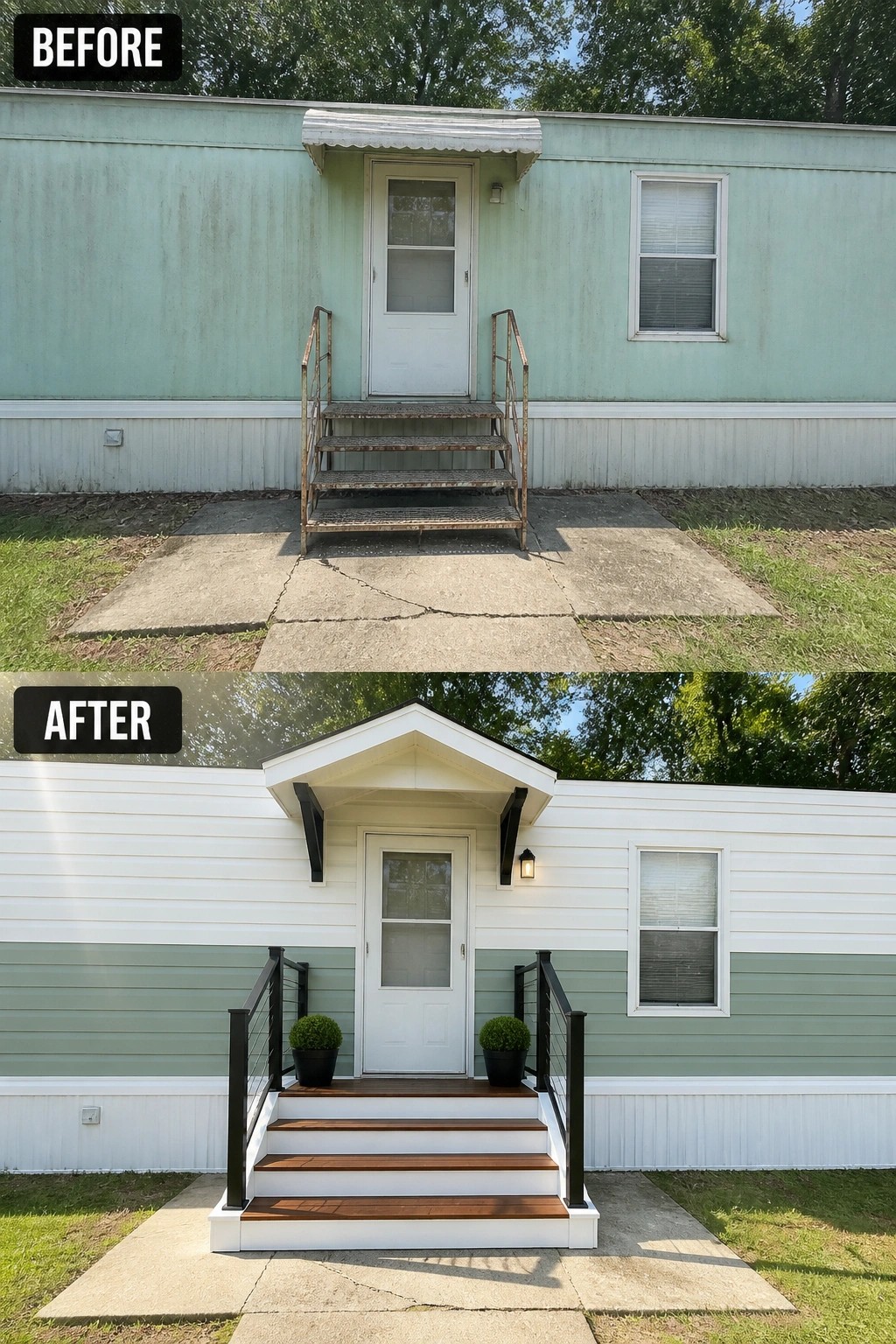 Before-and-after mobile home: mint siding replaced by white and sage, wooden steps, black railings