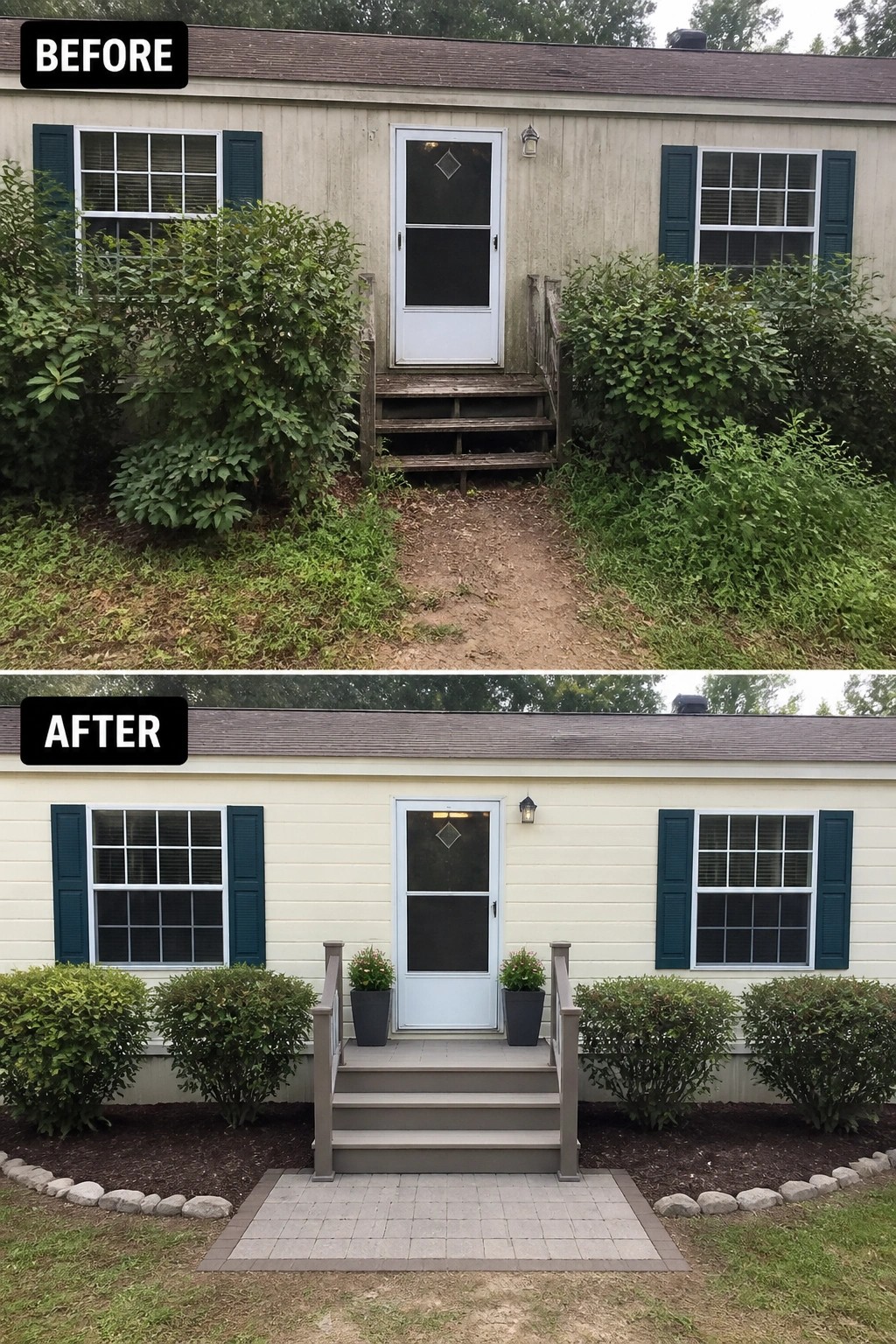 Before-and-after image of a single-wide trailer front showing overgrown plants and damaged wooden steps changed to clean siding, new entry steps