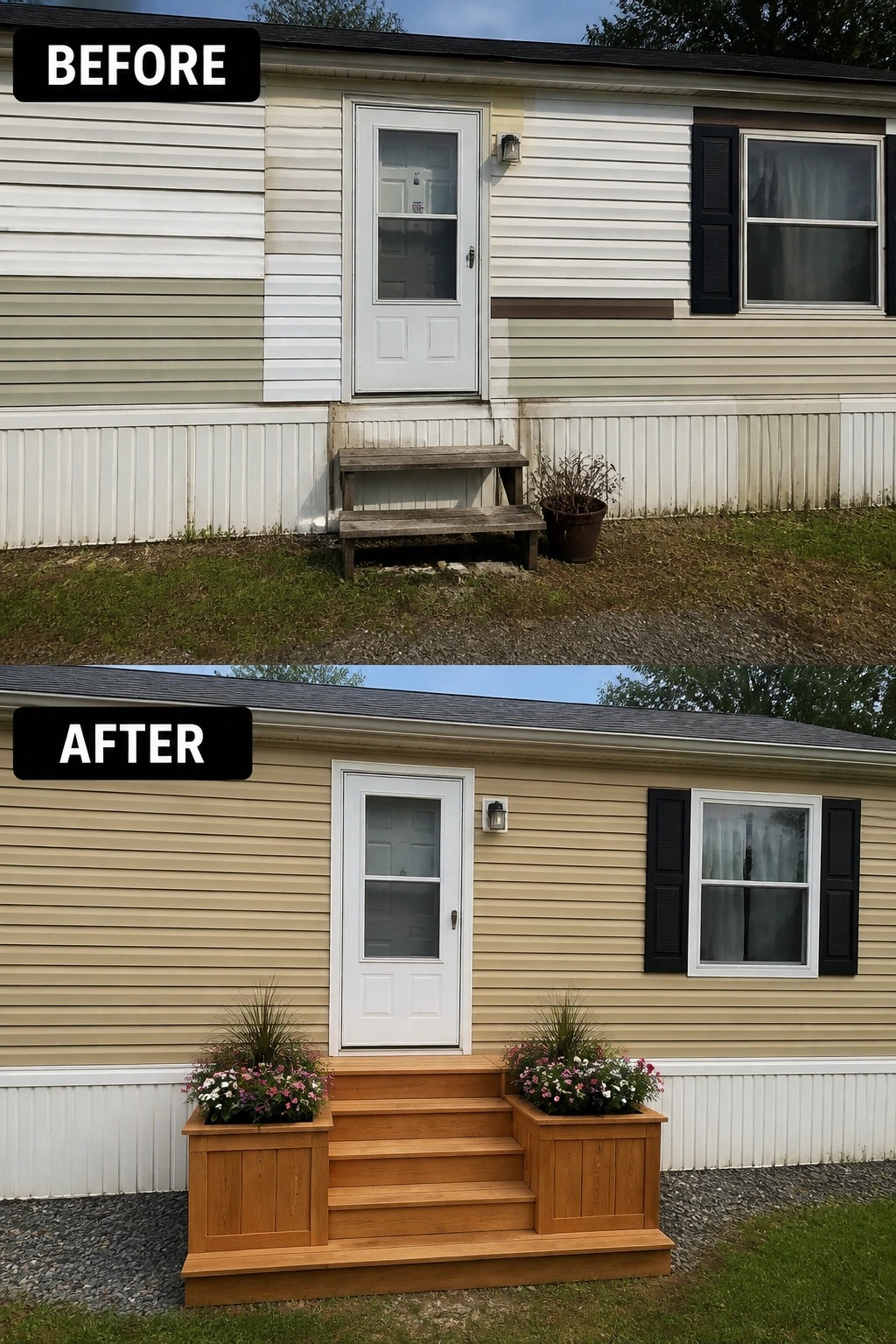 Before-and-after image of a single-wide trailer entry updated from a small, worn step and dingy siding to a new wooden stair with integrated planter boxes and cleaner siding.