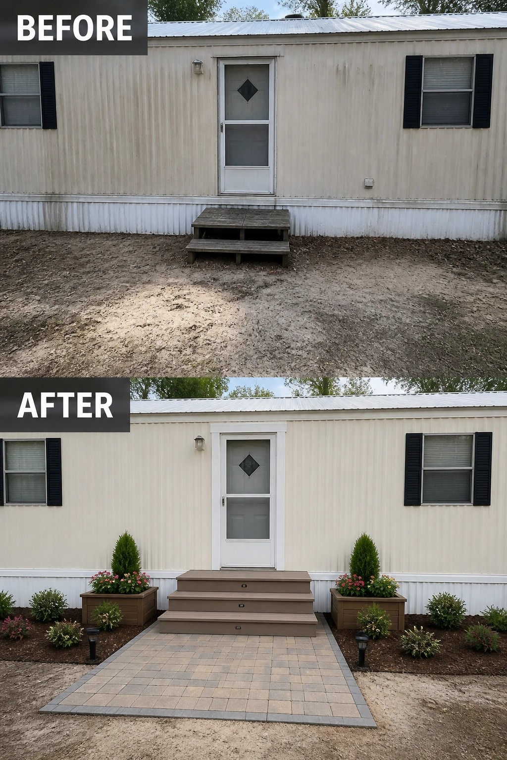Before-and-after image of a single-wide trailer entry updated from simple wooden steps and bare dirt to a paved landing with new composite steps, framed planters, and planted beds.