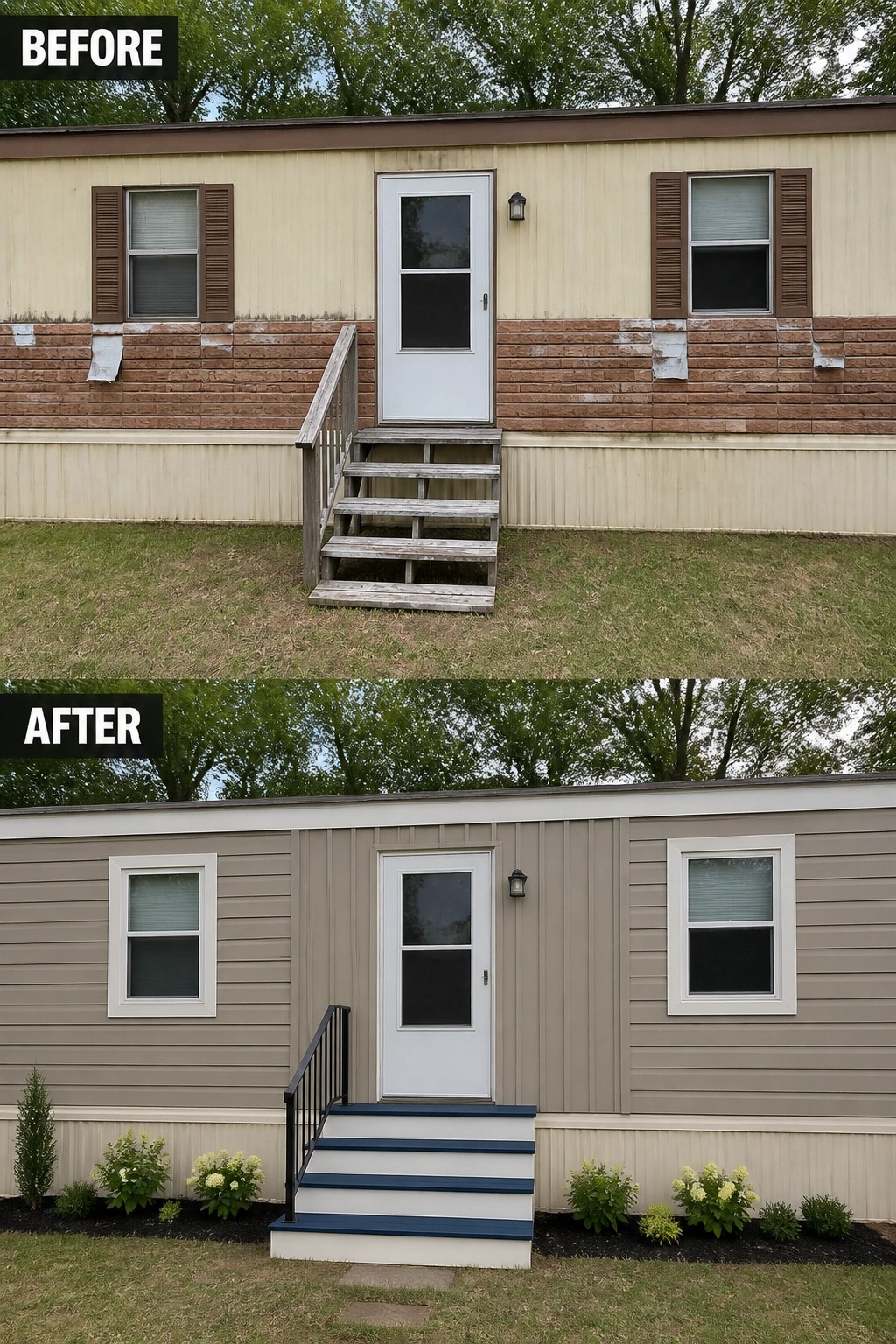 Before-and-after image of a single-wide trailer where weathered siding and open wooden steps were replaced with new siding and trim, a boxed stair with painted treads and a metal railing, and small planted beds.