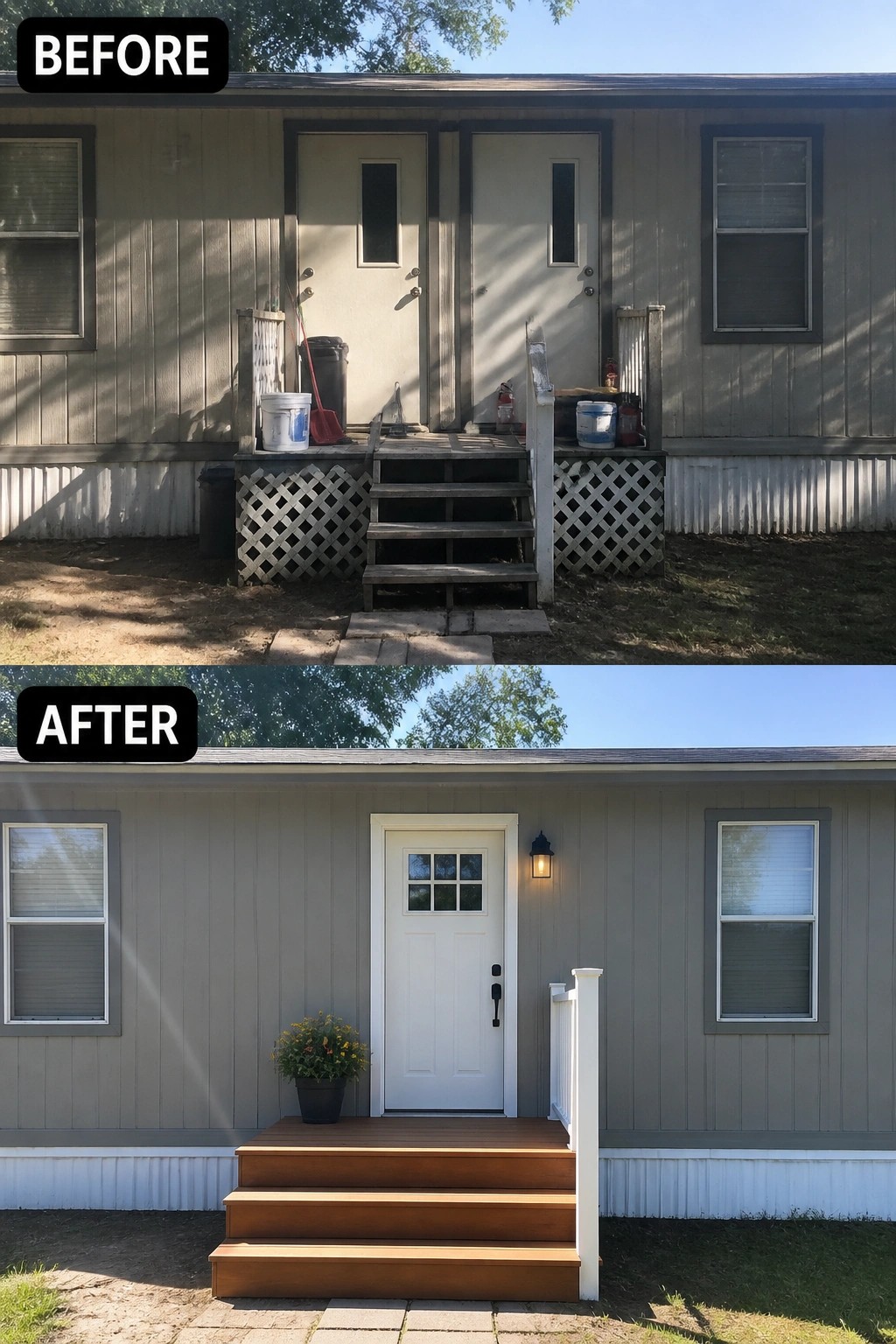 Before-and-after image of a single-wide trailer front where a cluttered dual entry and makeshift steps were replaced by a centered single door and clean new entry steps with a railing.