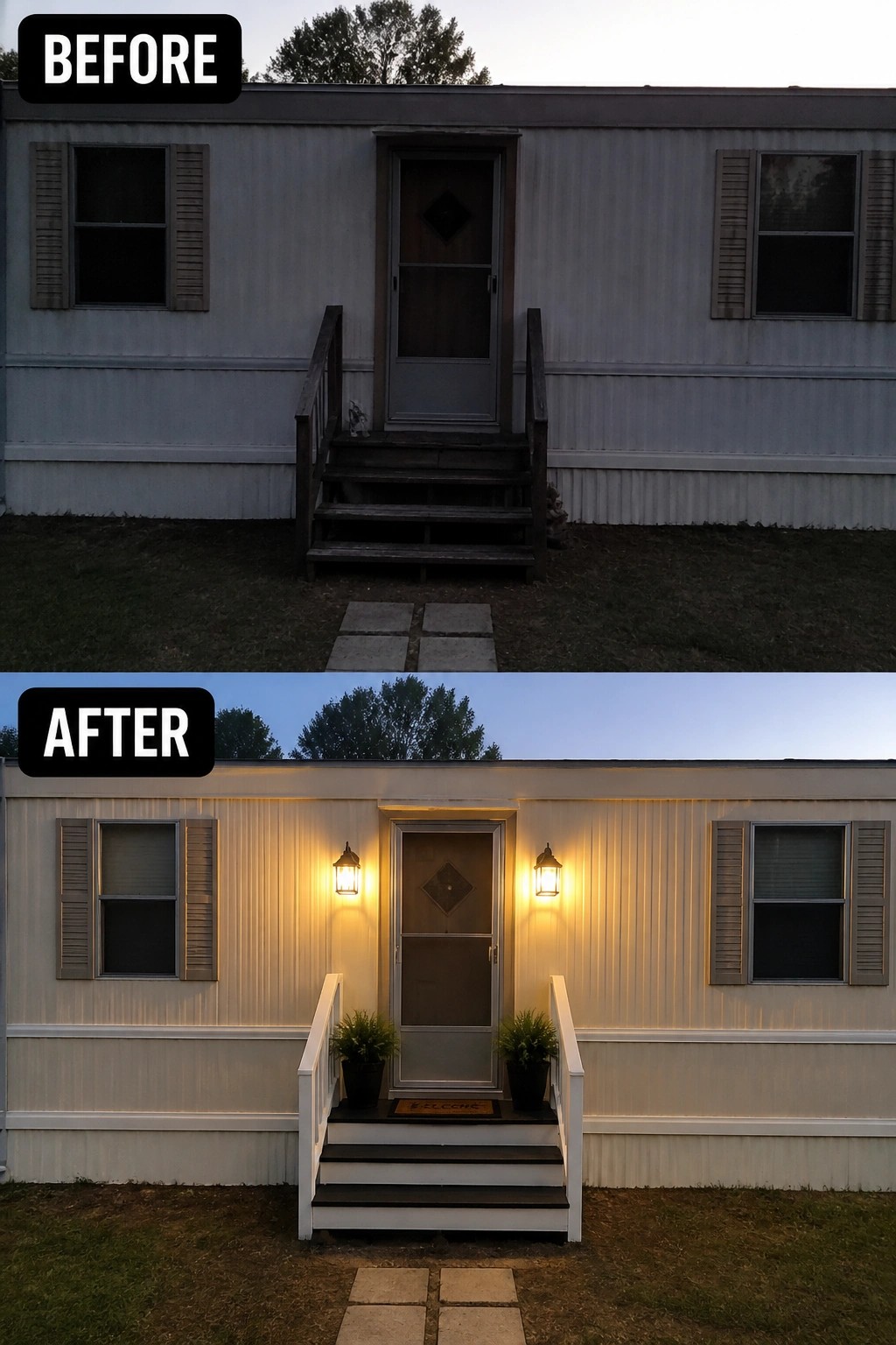 Before-and-after image of a single wide trailer front entry updated with painted steps and railings, wall lanterns, and flanking potted plants.