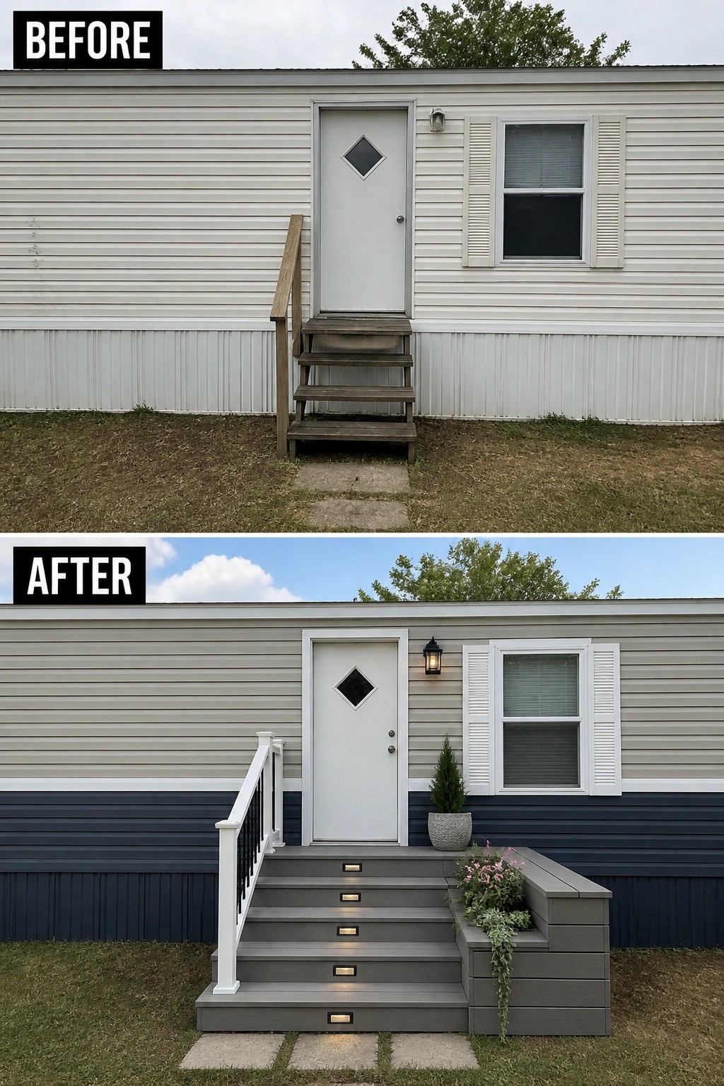 Before-and-after image of a single wide trailer entrance updated from simple wooden steps to a composite stair porch with a white railing, recessed step lights, and a built-in planter bench.