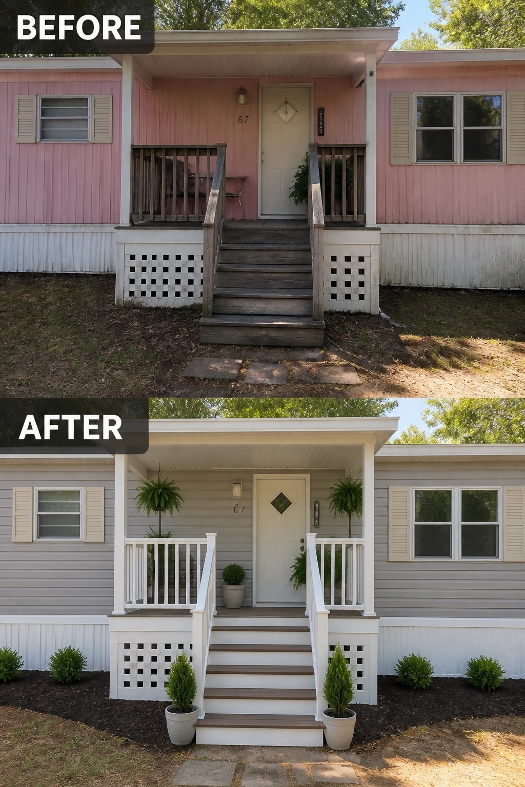 Before-and-after image of a single-wide trailer front entry updated with new siding, white railings and steps, and symmetrical potted plants.