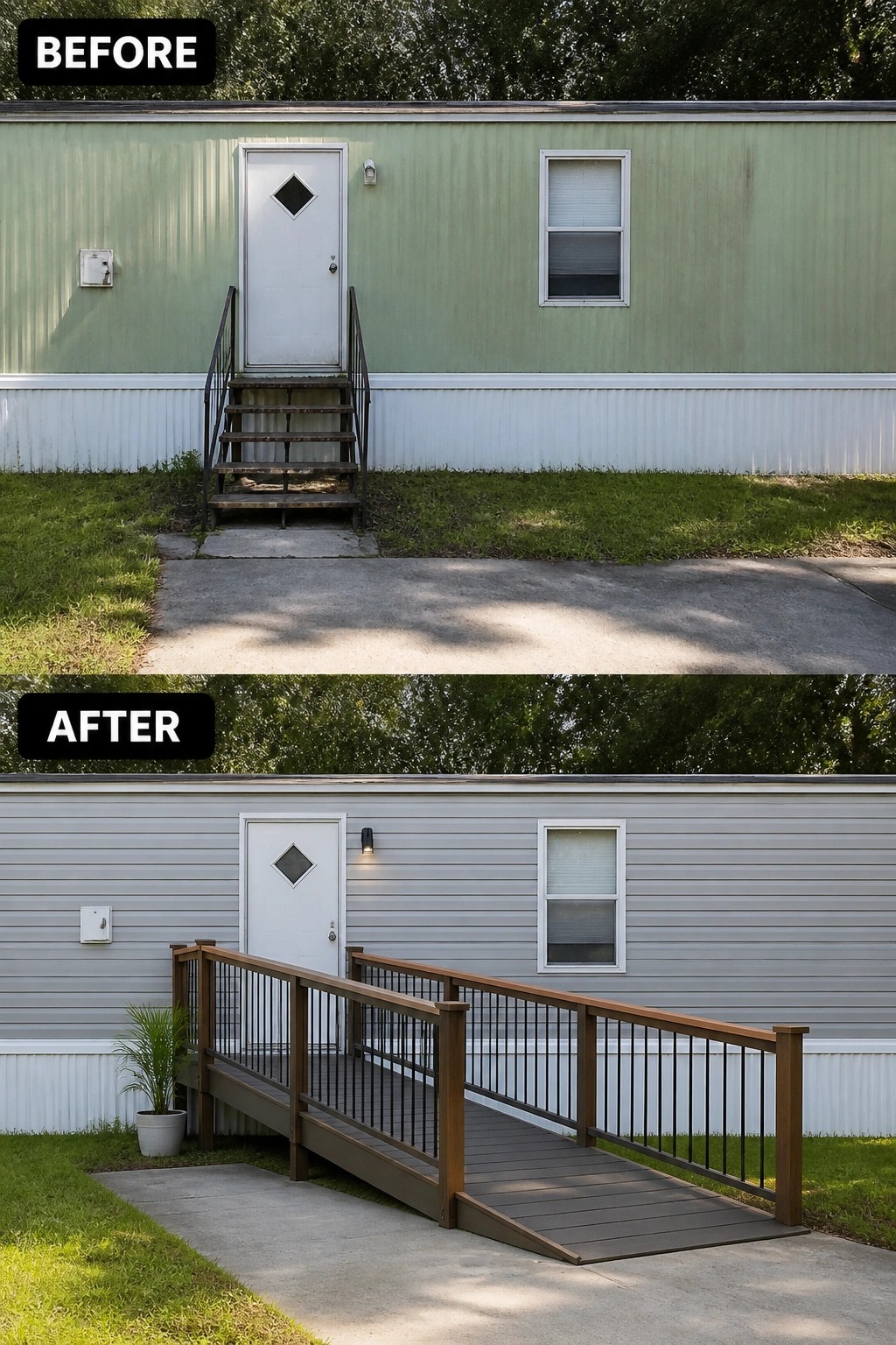 Before-and-after image of a single-wide trailer where narrow metal steps were replaced by a wooden ramp with railings and the siding and entry light were updated.