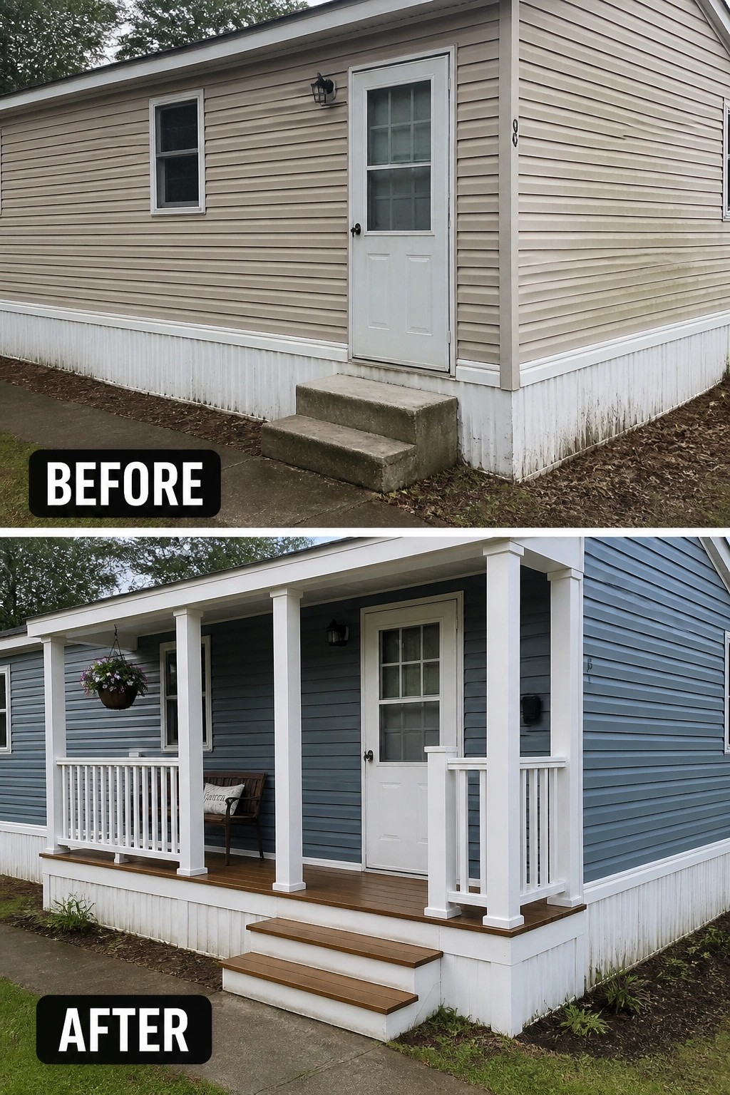 Before-and-after image of a single-wide trailer updated from plain siding and concrete steps to a small covered porch with columns, railings, wood decking, and new siding color.