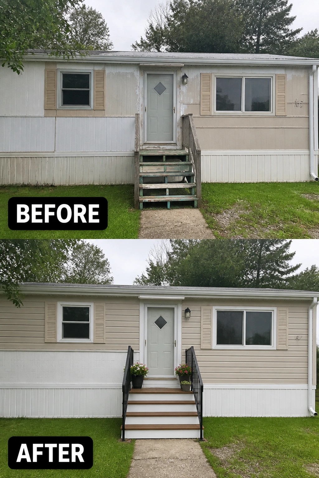 Before-and-after image of a single-wide trailer exterior where worn wooden steps and weathered siding are replaced by new uniform stairs with metal railings, matching siding, and potted planters.