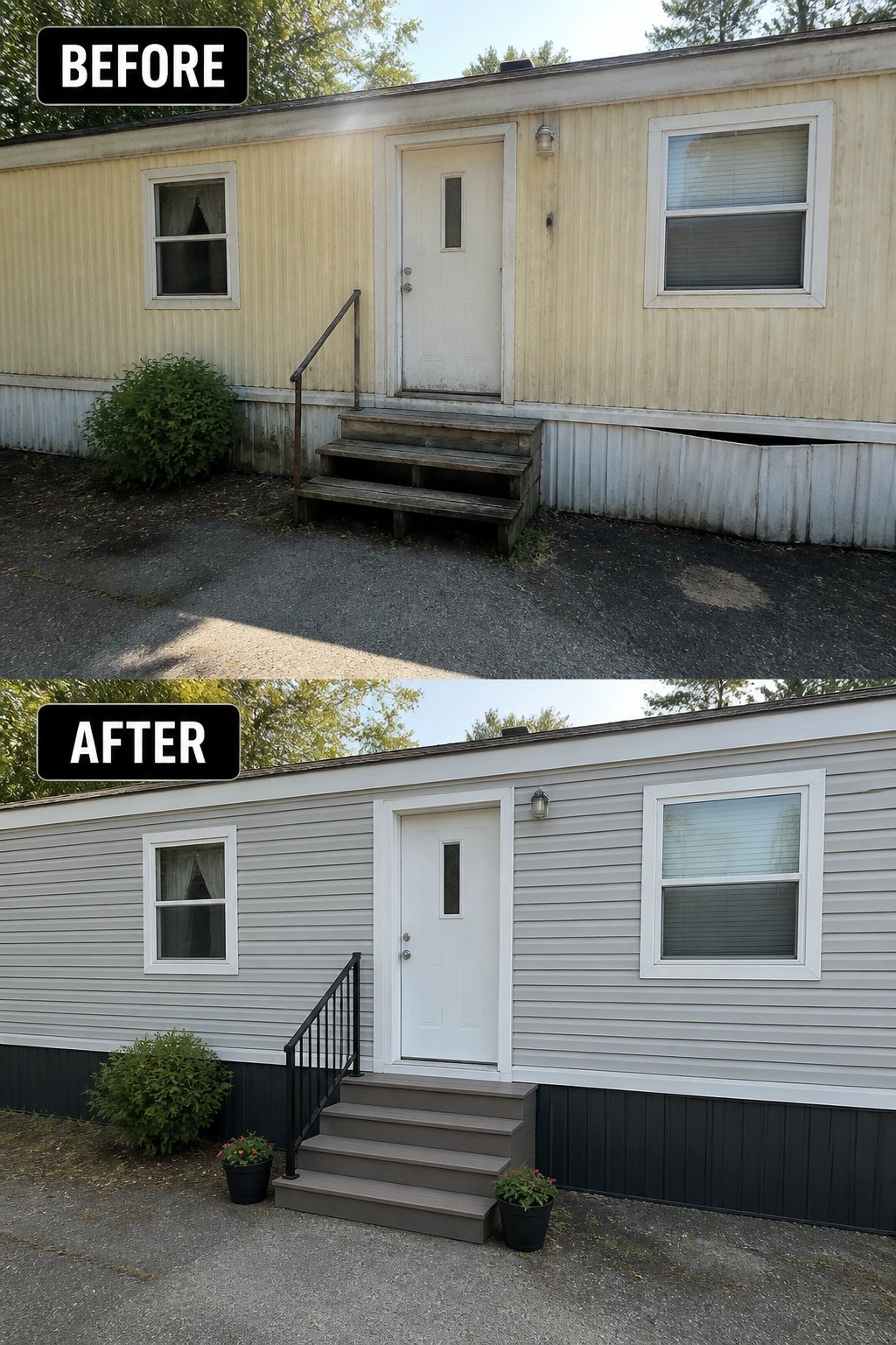 Before-and-after image of a single-wide trailer showing faded siding and makeshift wooden steps replaced by clean new siding, composite steps, black skirting, and a metal handrail.