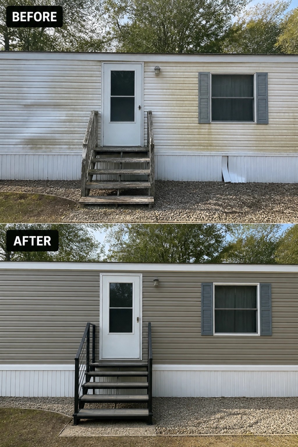 Before-and-after image of a single-wide trailer where dirty siding and rotted wooden steps were replaced with clean siding and a compact metal staircase.