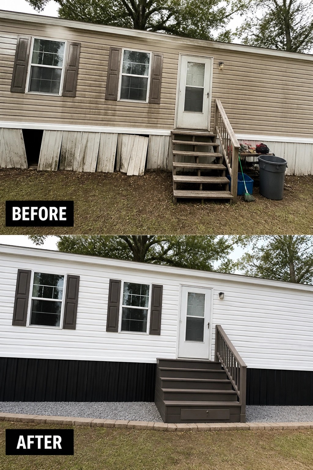 Before-and-after image of a single-wide trailer showing dirty beige siding and broken skirting replaced by clean white siding, dark skirting, and new entry steps with gravel edging.