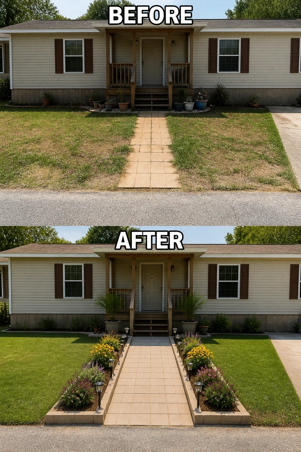 Before-and-after image of a plain front yard updated with low raised garden beds, potted planters, and pathway lights framing the walkway to the porch.