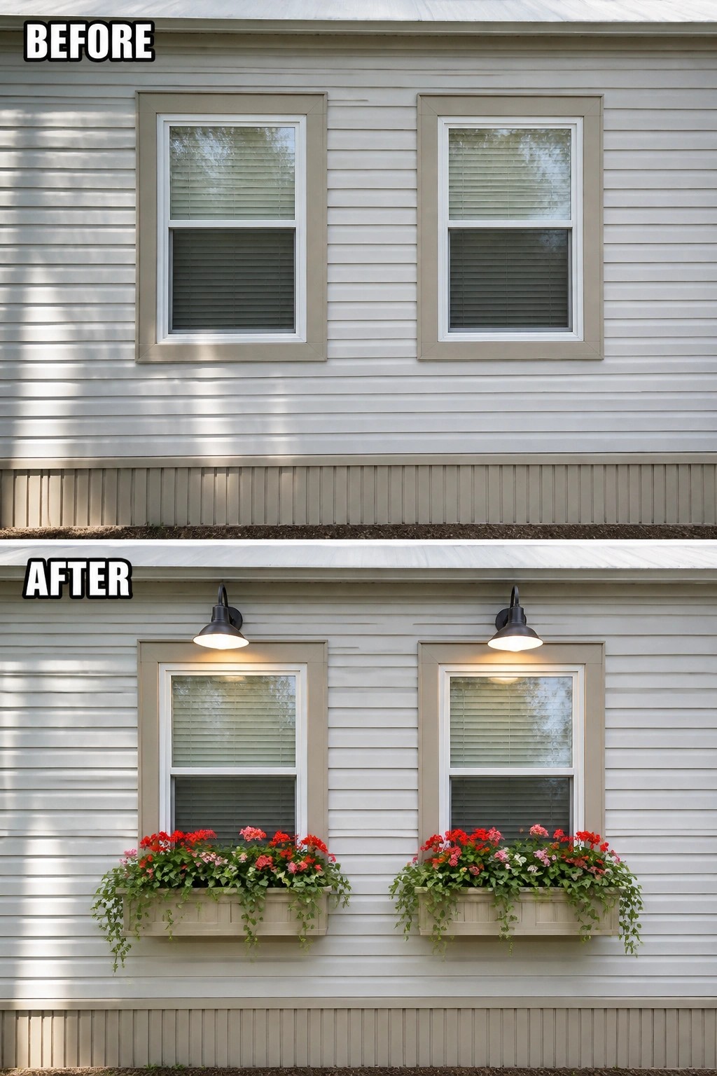 Before-and-after image of a plain home exterior updated with matching window planters filled with flowers and two exterior gooseneck lights above the windows.