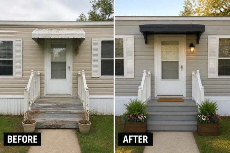 15 Simple Mobile Home Update Ideas With New Paint, Lighting, and Planters Before-and-after image of a small front porch updated with a dark-painted awning, a new outdoor lantern, and two potted planters.
