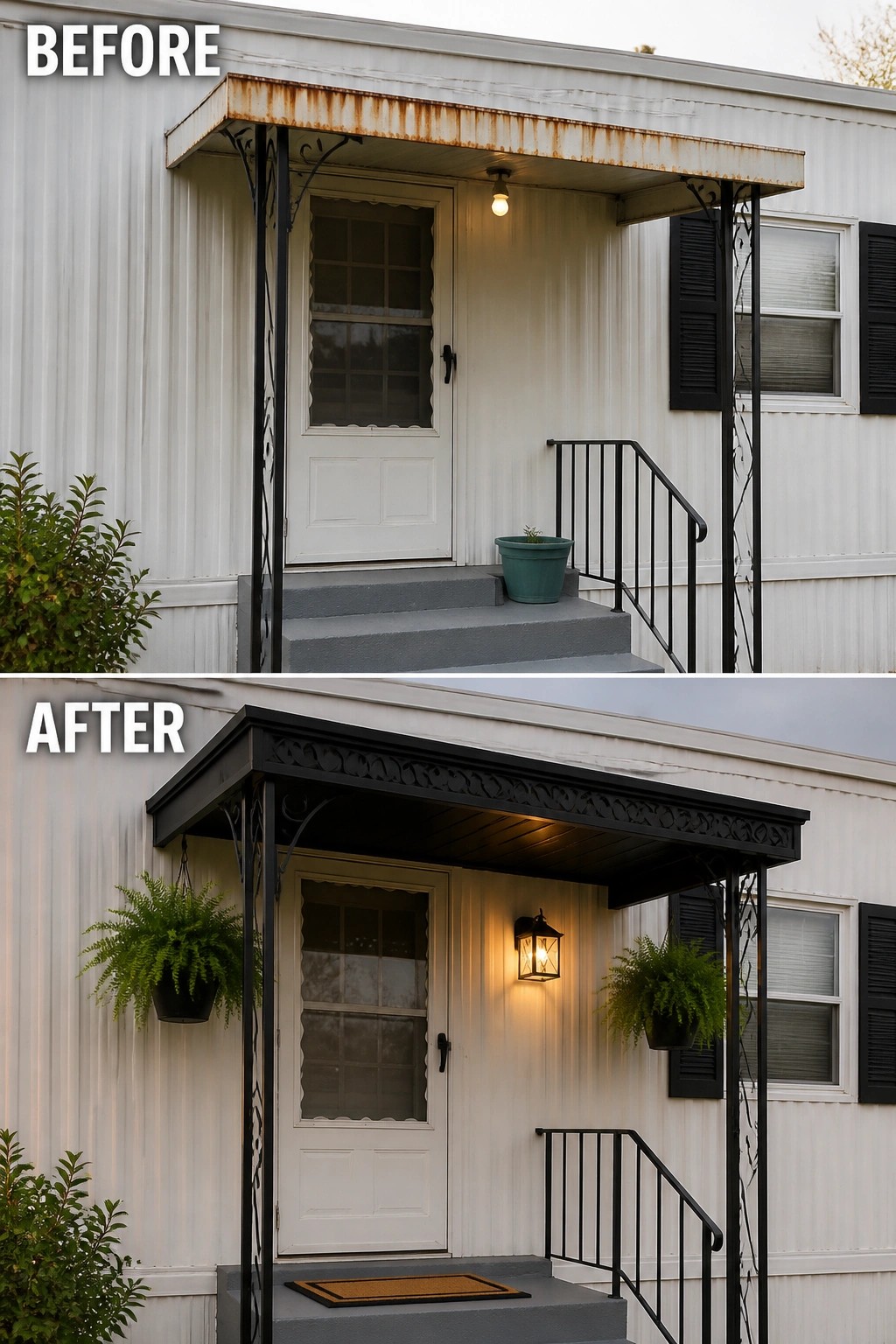 Before-and-after mobile home entrance: rusted awning and bare bulb; updated black canopy, lantern, ferns.