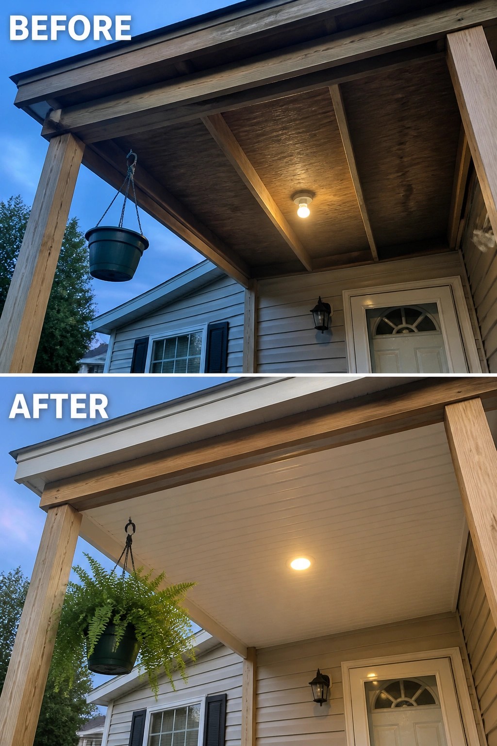 Before-and-after image of a small front porch showing an unfinished plywood ceiling with a bare bulb updated to a finished beadboard ceiling with recessed lighting and a hanging planter.
