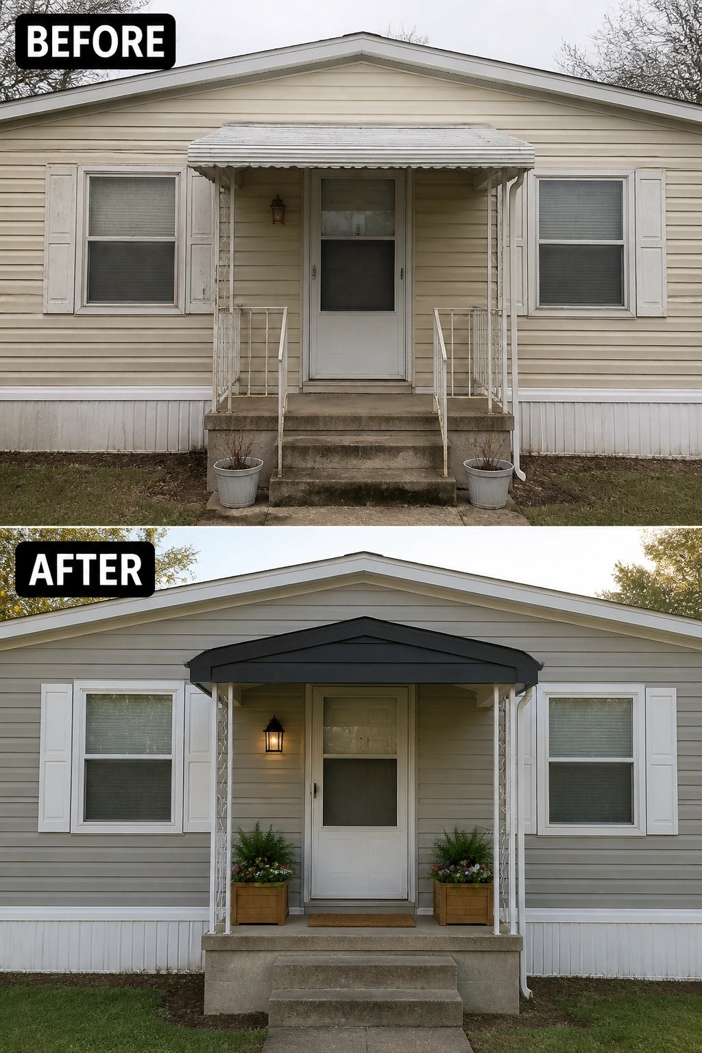 Before-and-after image of a small front porch updated with a dark-painted awning, a new outdoor lantern, and two potted planters.