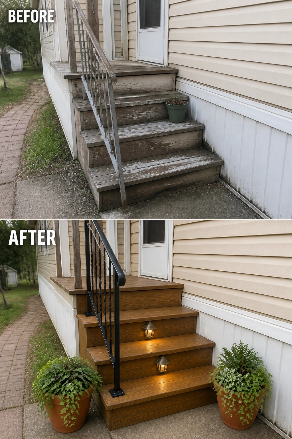 Before-and-after image of a mobile home front entry showing worn wooden steps updated with new stained treads, black railing, built-in step lights, and a pair of potted planters.