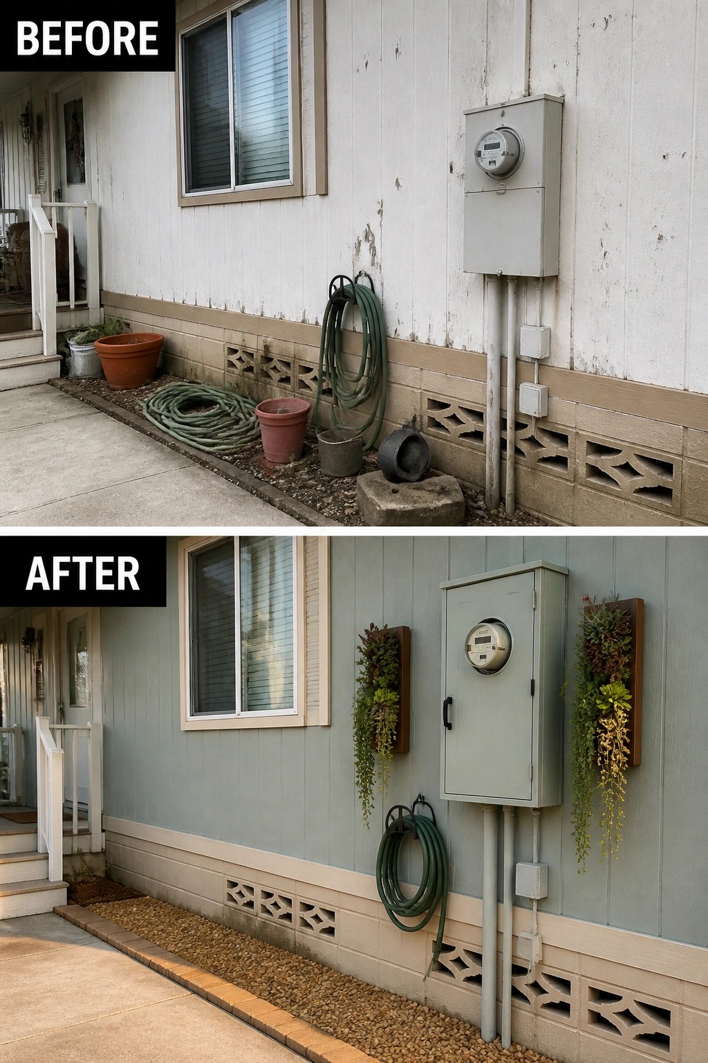 Before-and-after image of a mobile home exterior updated with new paint, mounted planters, and a neat gravel planting bed.