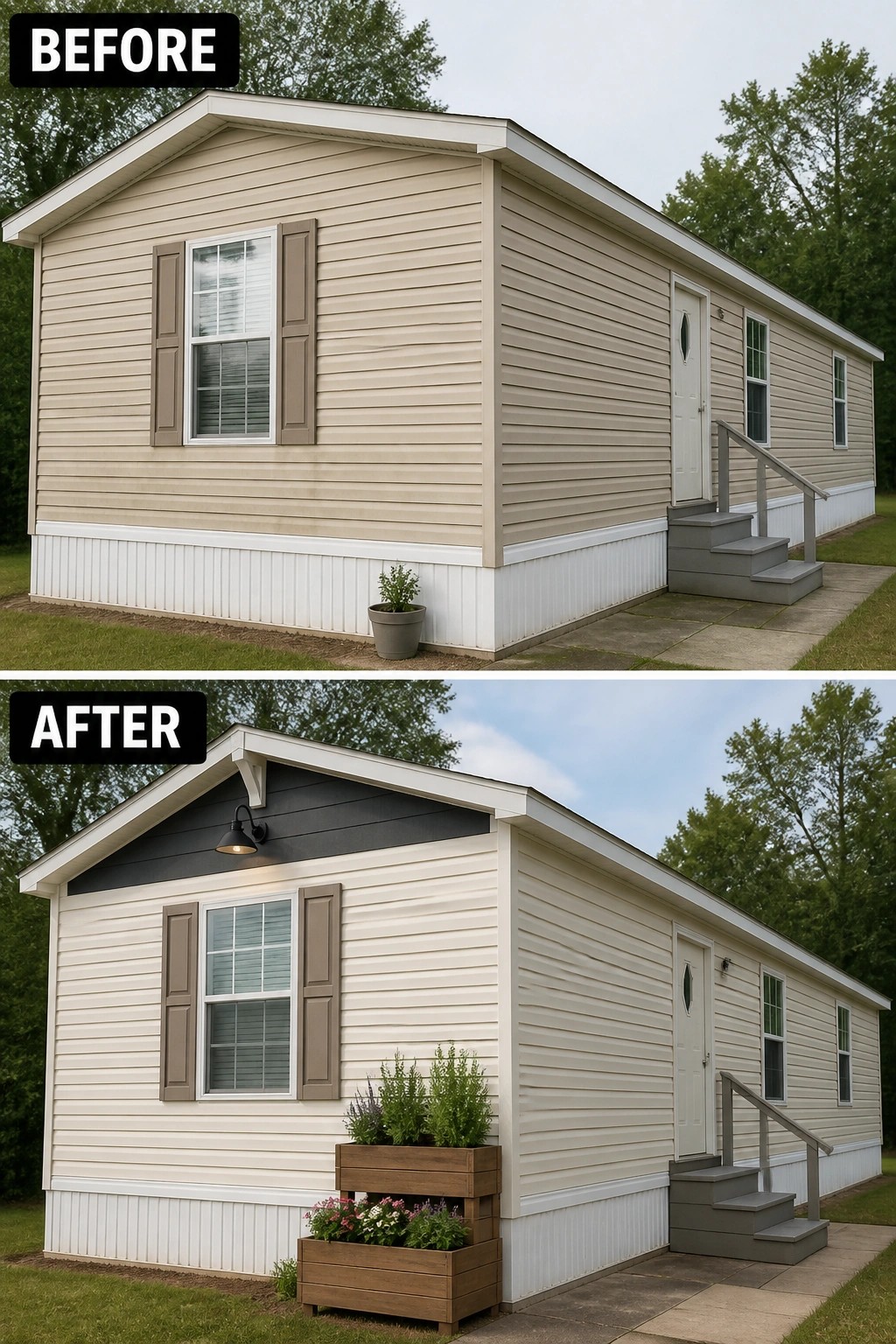 Before-and-after image of a mobile home exterior updated with a dark-painted gable, an exterior light, and wooden planters at the entrance.