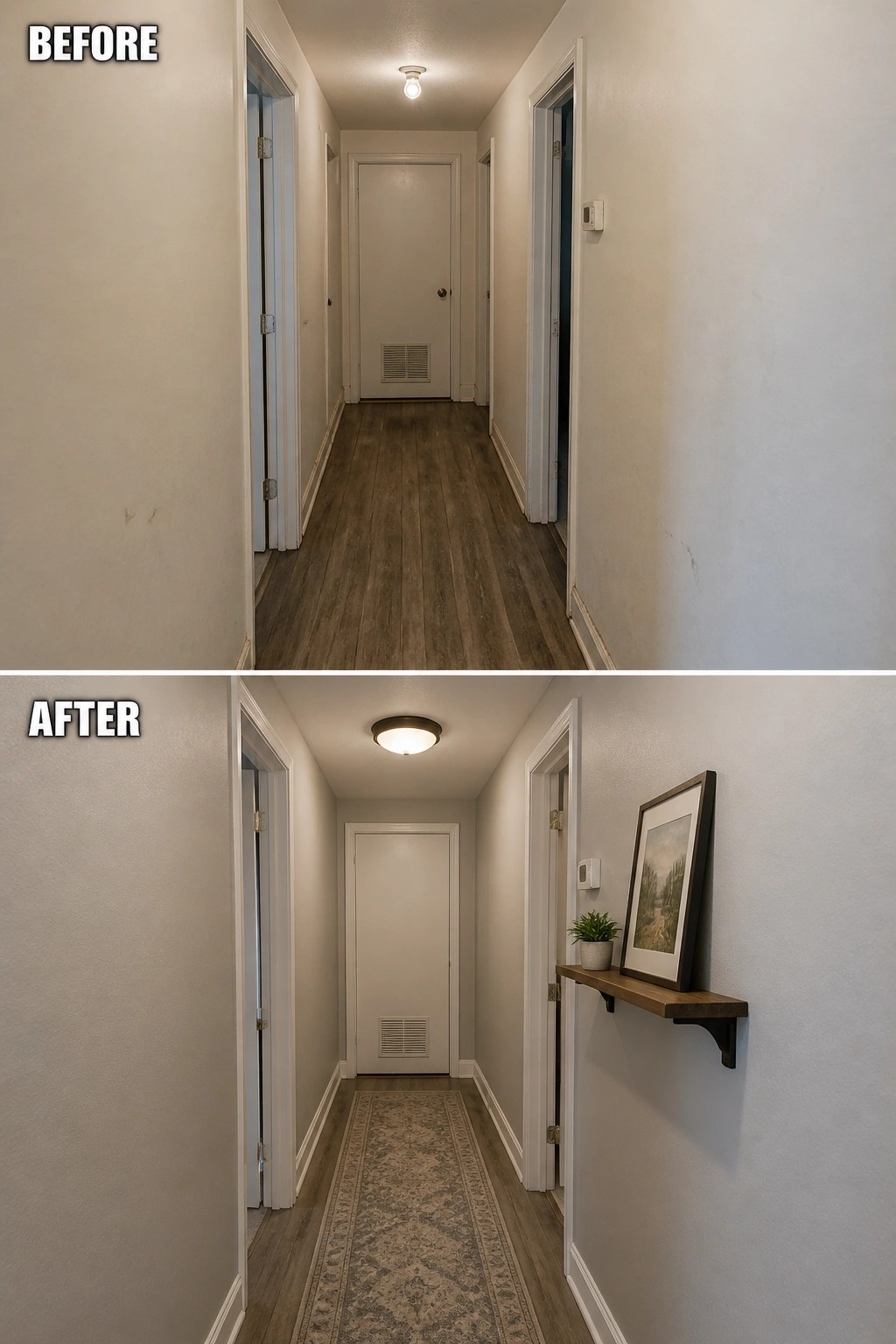 Split before-and-after hallway; flush light, runner rug, floating shelf with framed art, plant