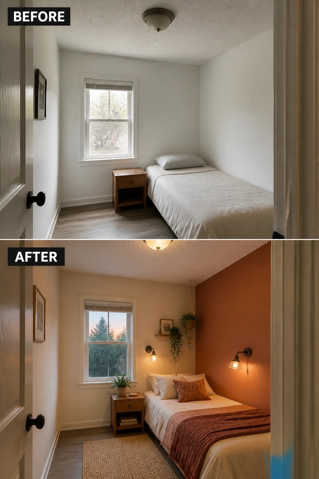Before-and-after image of a small bedroom updated by painting one accent wall a warm terracotta and adding wall lights, textiles, and plants.