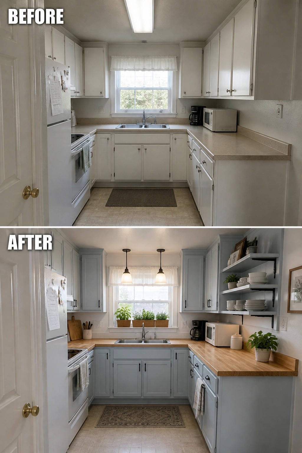 Before-and-after image of a small galley kitchen updated by painting the cabinets a soft blue and replacing laminate countertops with a wood butcher-block surface.