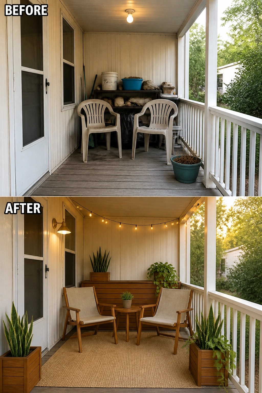 Before-and-after image of a small porch updated from bare plastic chairs to a defined seating area with two lounge chairs, a rug, planter boxes, and string lights.