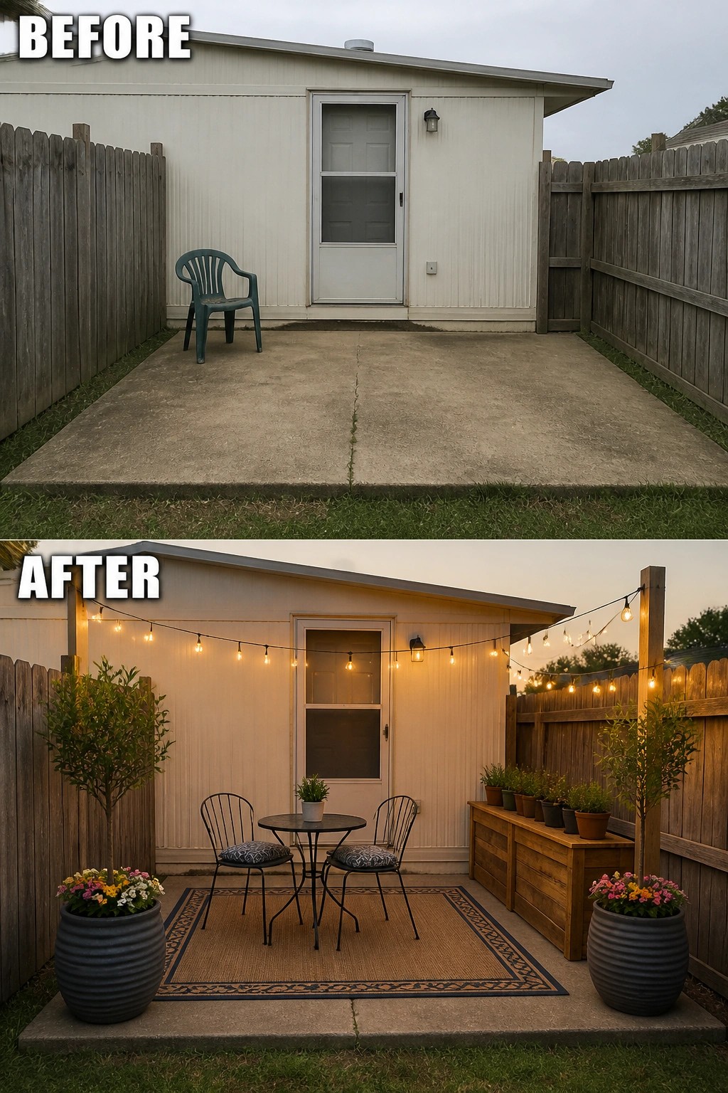 Before-and-after image of a bare concrete patio updated into a small seating area with an outdoor rug, bistro table and chairs, string lights, and planters.