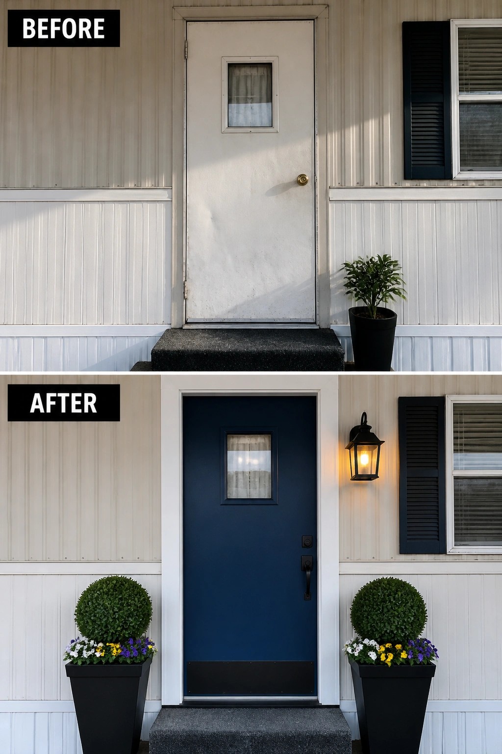 Before-and-after image of a mobile home entry where a plain white door is replaced by a blue painted door with a new wall lantern and matching planters.