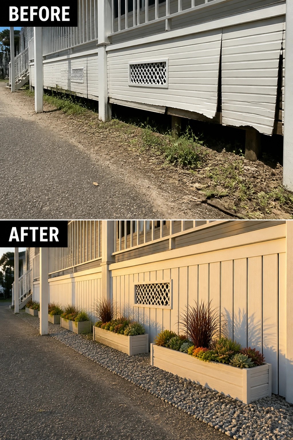 Before-and-after image of a mobile home exterior where damaged skirting is replaced with painted vertical boards and a row of wooden planter