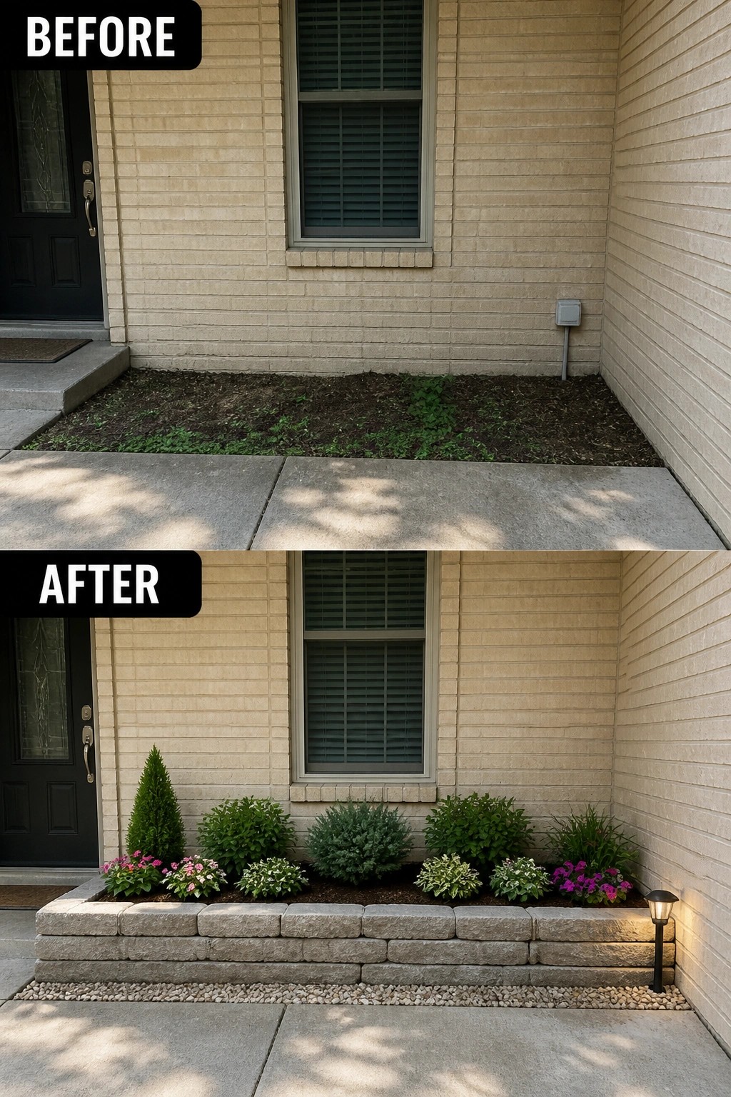 Before-and-after image of a plain narrow front bed changed into a low stacked-stone raised planter filled with shrubs, flowering perennials, mulch, and a single path light.