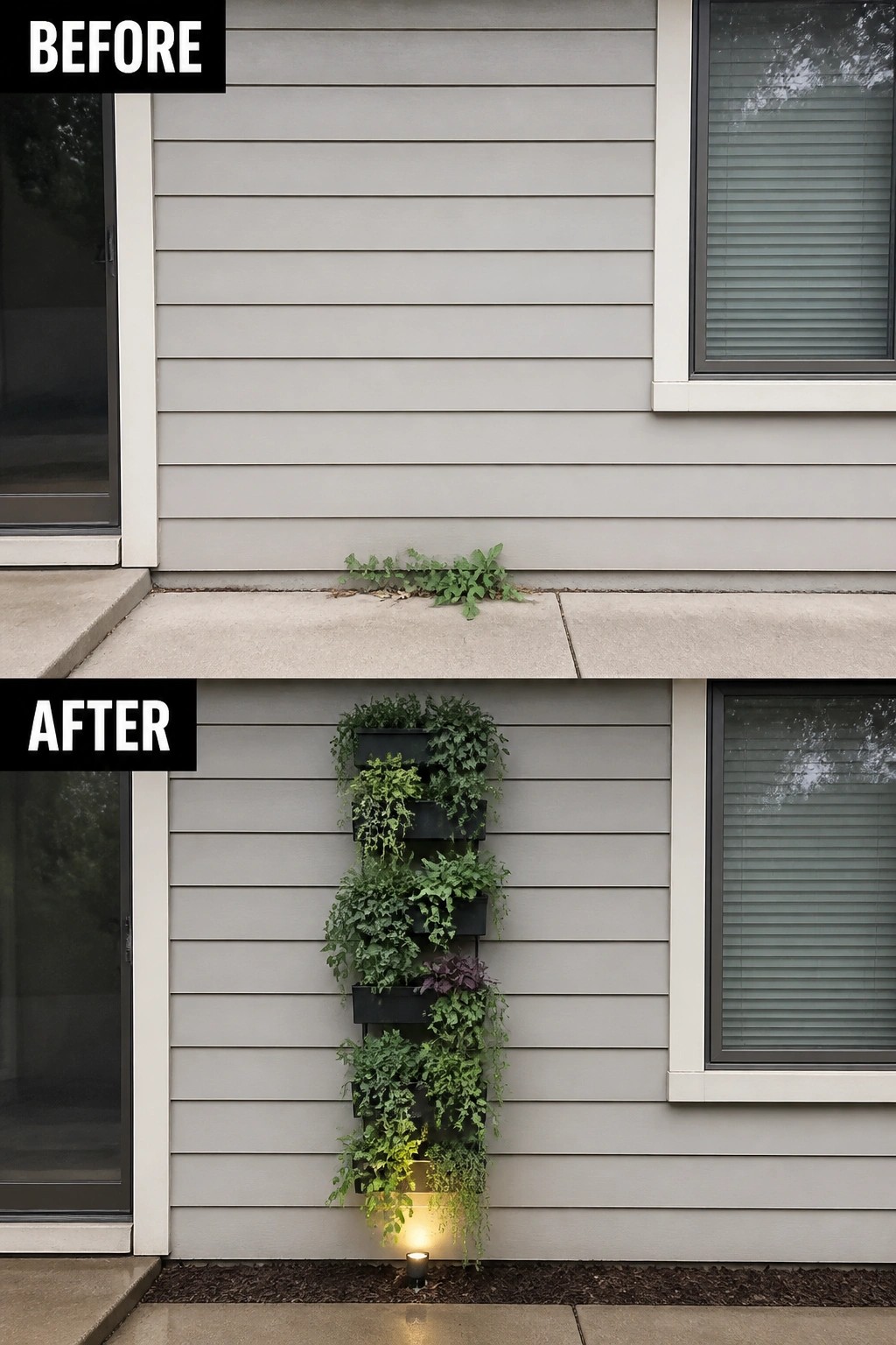 Before-and-after image of a plain exterior wall updated with a tall vertical planter of cascading plants and a ground spotlight.