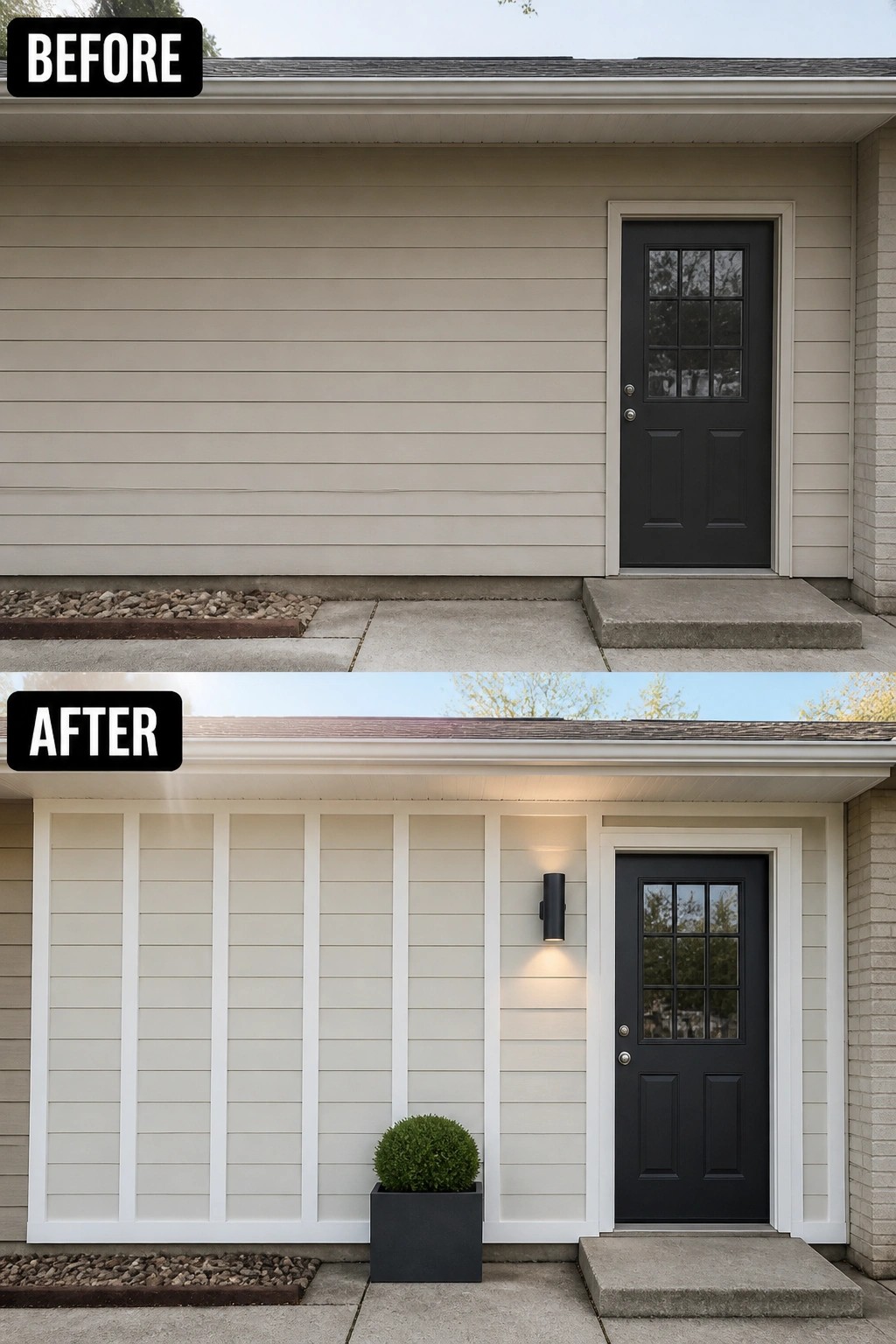 Before-and-after image of a plain exterior wall updated with vertical trim boards, a black wall sconce, and a planter beside a narrow entry door.