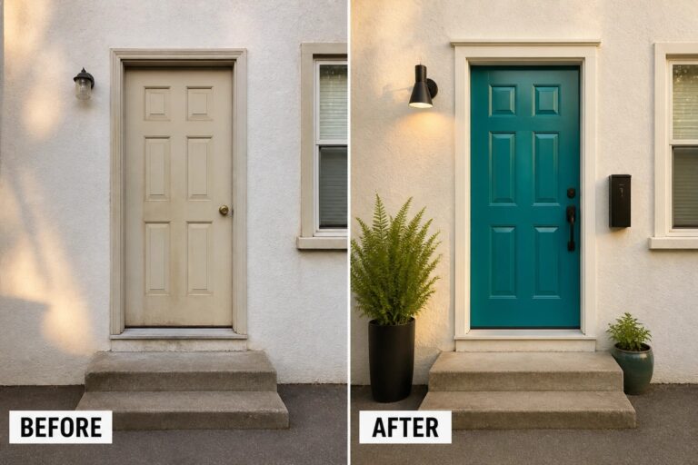17 Simple Small House Updates for Plain Front Walls and Narrow Entries Before-and-after image of a plain front entry updated with a painted teal door, new black hardware and light, and potted plants.