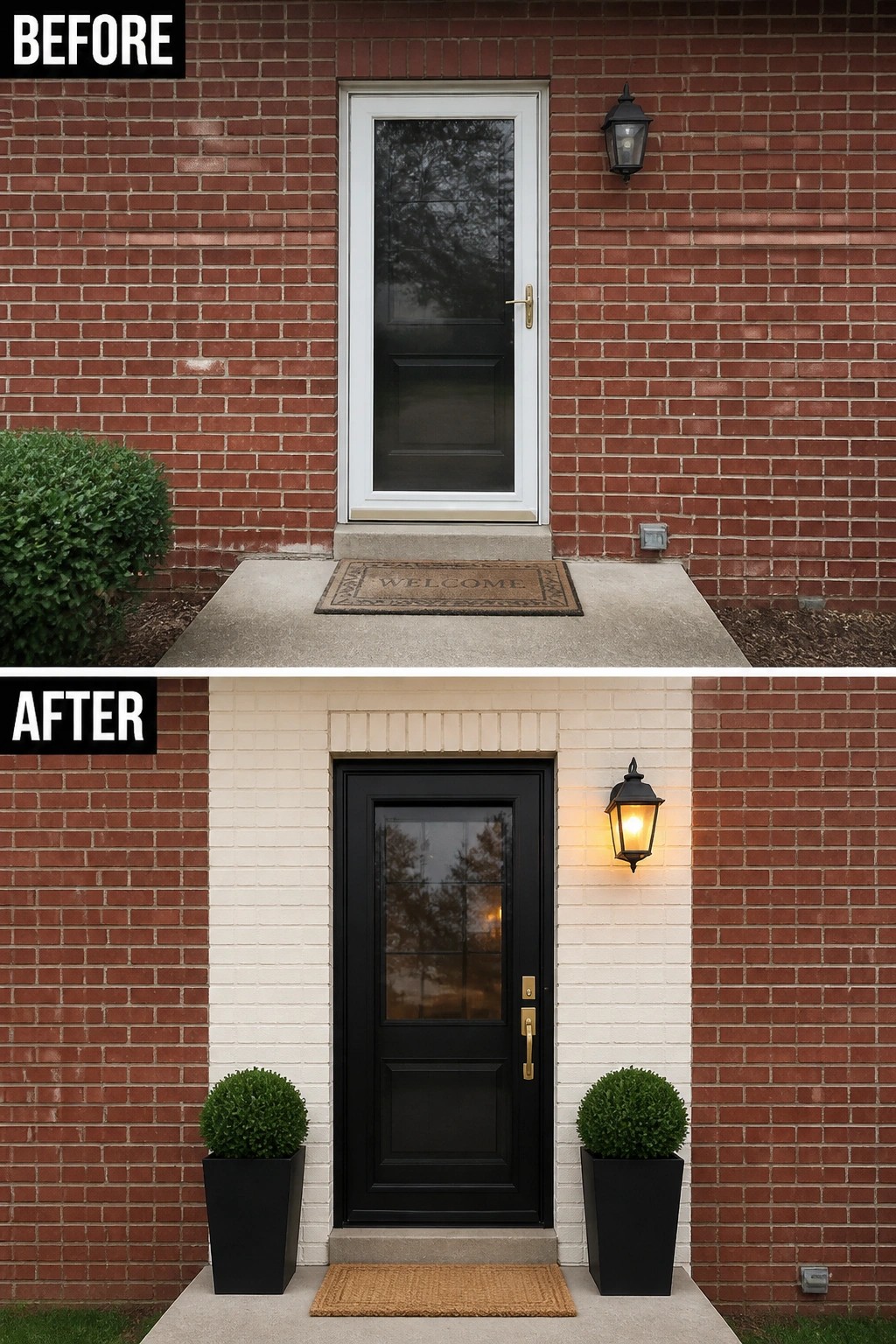 Before-and-after image of a plain front porch updated by painting the brick around the doorway light, installing a black door with brass hardware, adding a wall lantern, and placing matching tall planters.