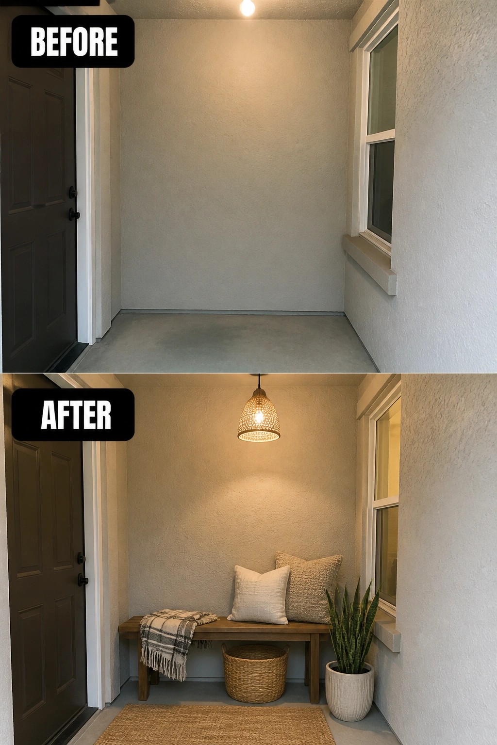 Before-and-after image of a bare front porch updated with a slim bench, hanging light, rug, woven basket, and potted plant.