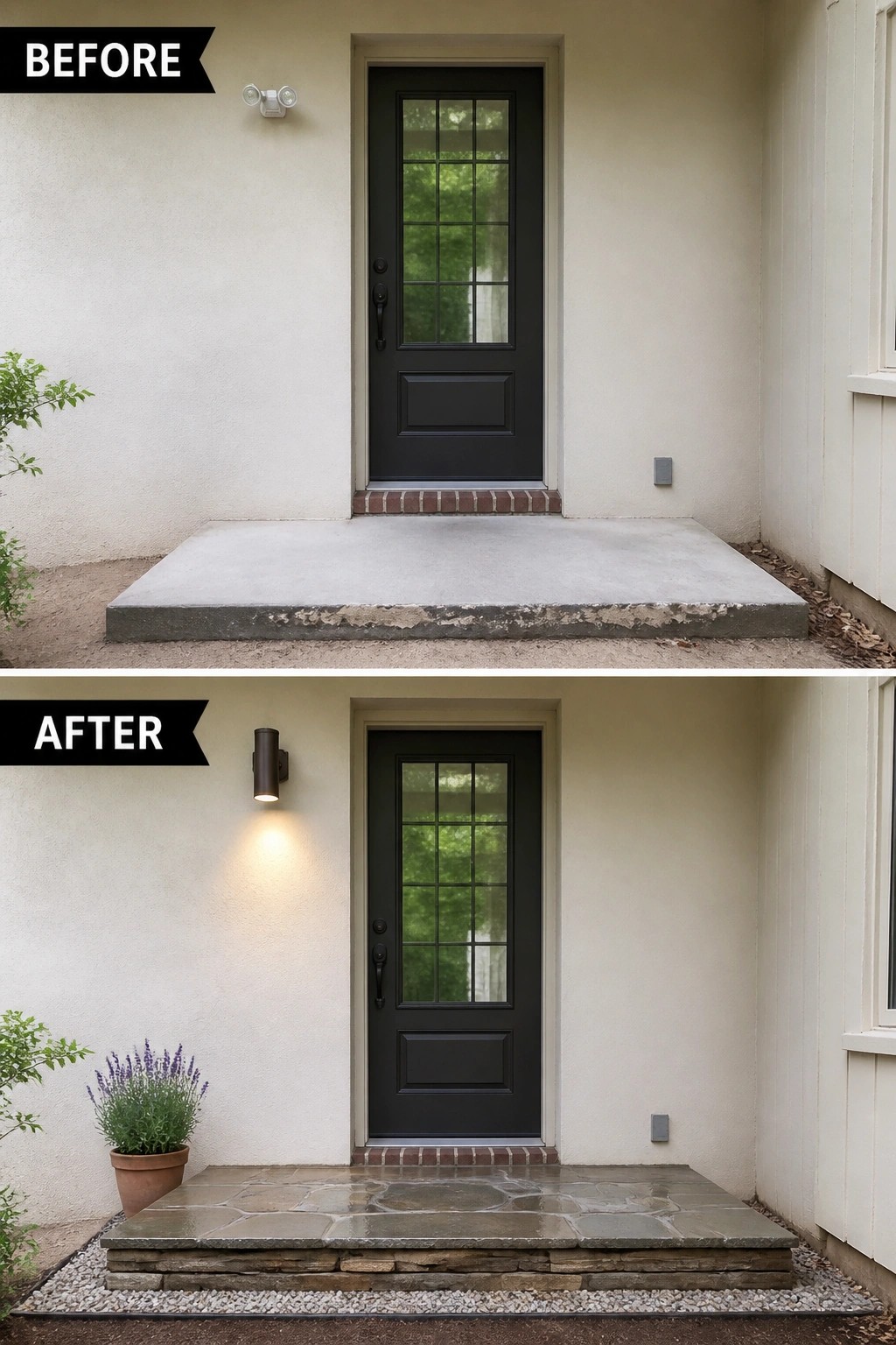 Before-and-after image of a plain concrete front porch updated with a stacked stone riser and flagstone top, an exterior wall light, and a potted plant.