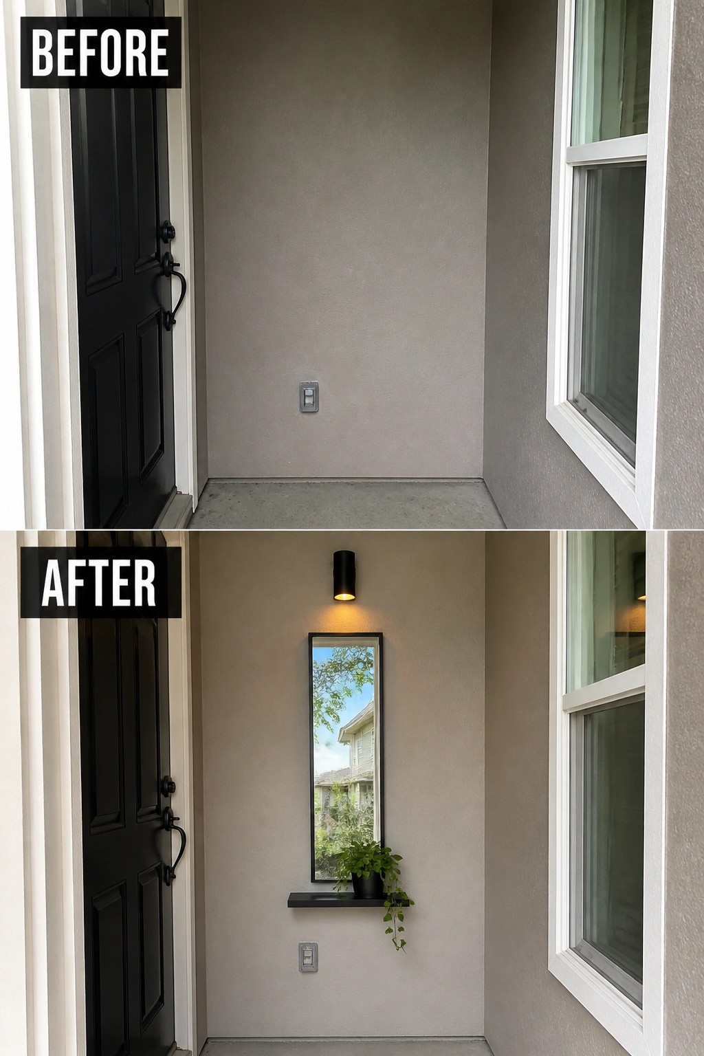 Before-and-after image of a narrow covered front entry updated with a slim vertical mirror and a small shelf holding a potted plant.