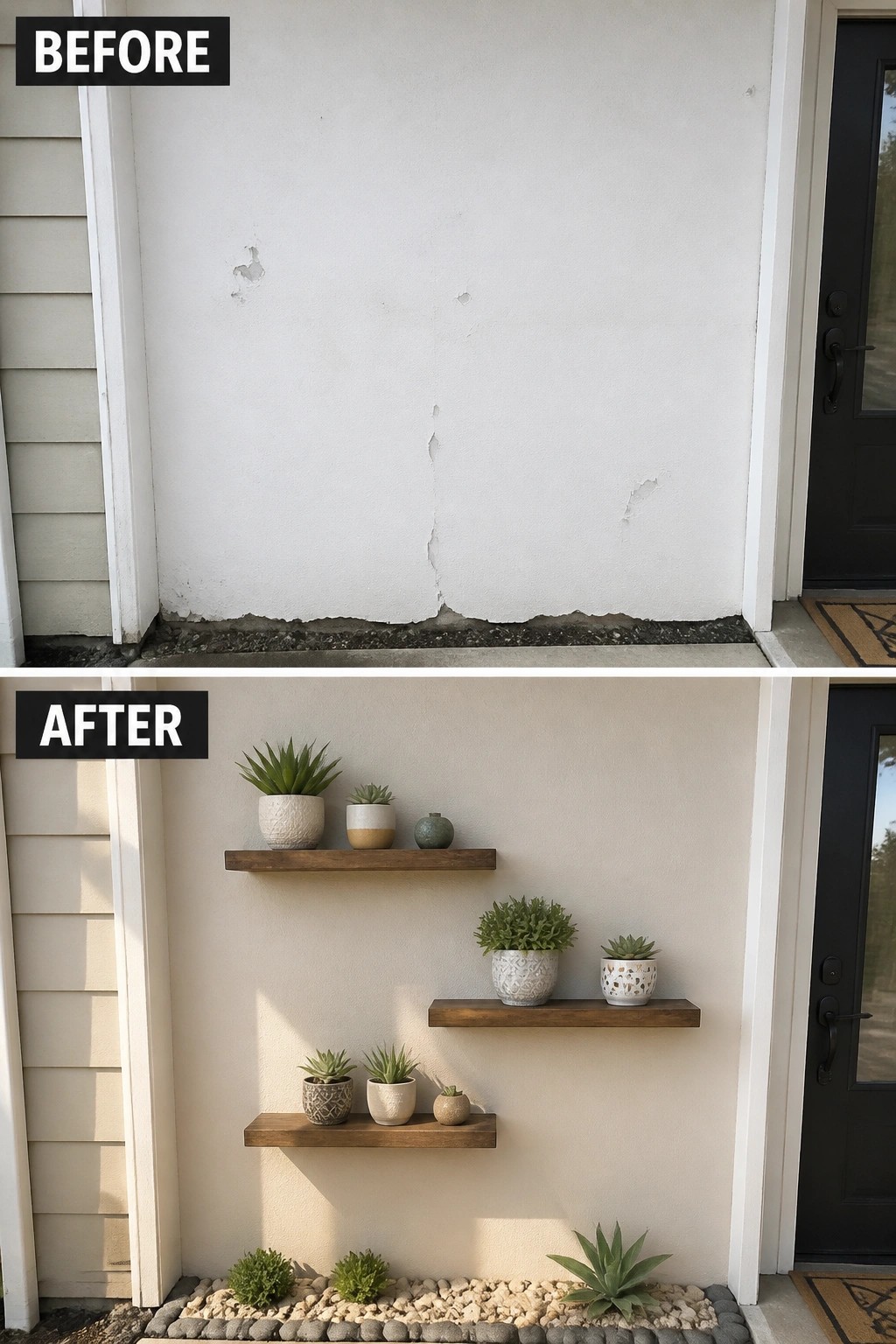 Before-and-after image of a plain exterior entry wall with peeling stucco updated with floating shelves, potted plants, and a gravel planting bed.