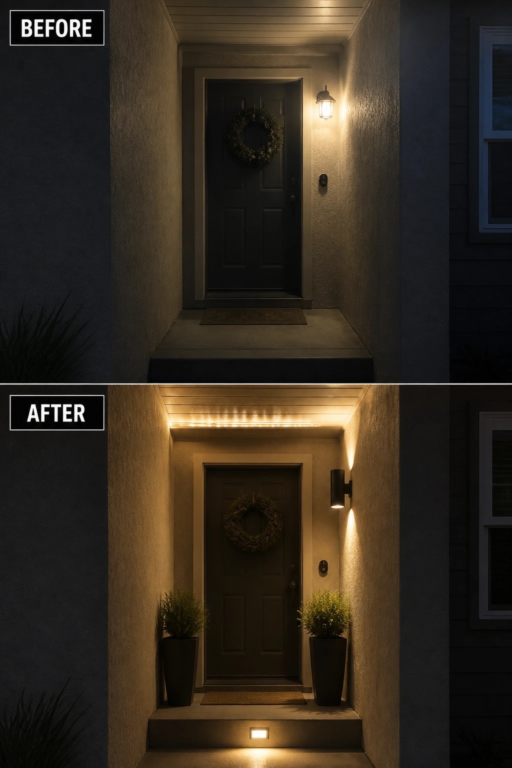 Before-and-after image of a plain front porch updated with added wall and overhead lighting, tall planters, and a step light.